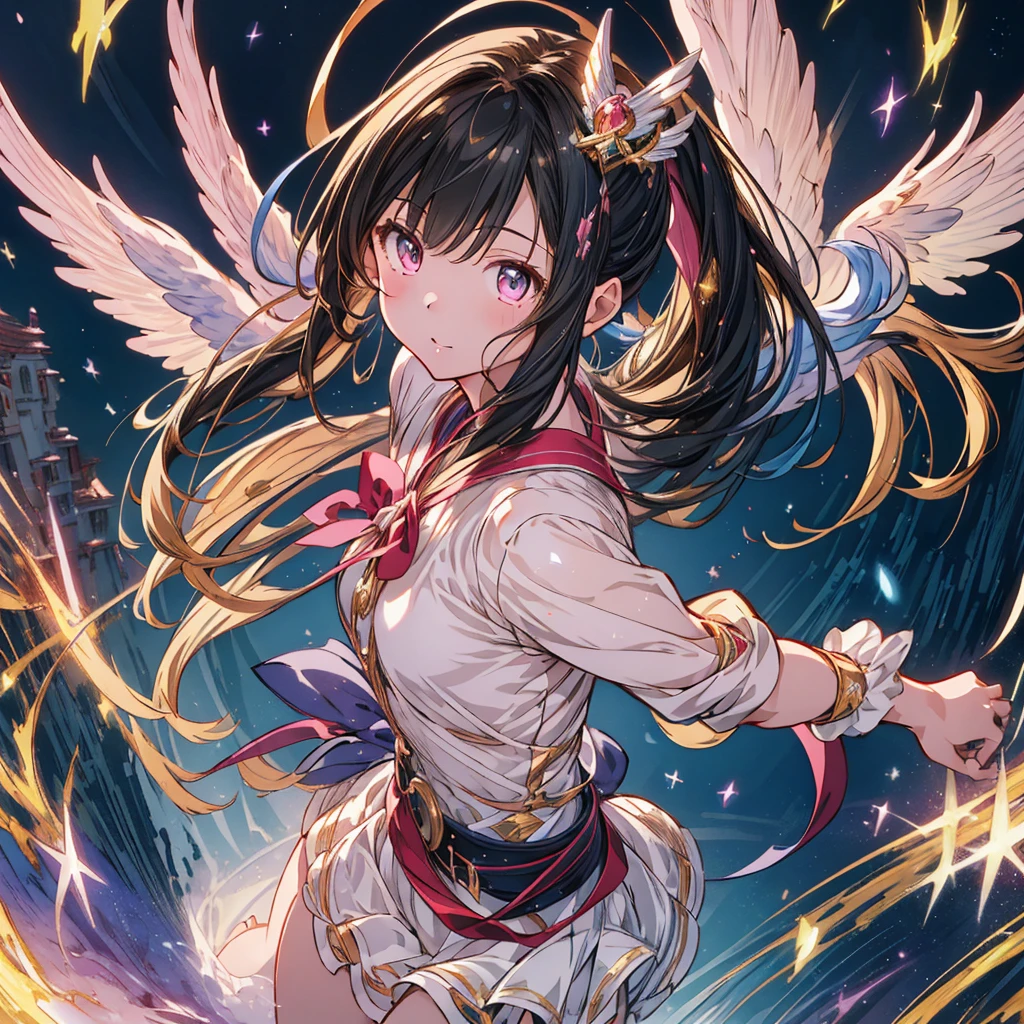 highest quality、最高masterpiece、Ultra-detailed eyes、(((One girl))),Dynamic composition、Magical girl、Angel&#39;s wing、One girl, alone, Milky white short hair, Magic wand, wing, Black background, sword, Knee socks, Holding, skirt, hair ornaments, gloves, boots, feathered wing, Holding 武器, feather,  black skirt, blue eyes, black gloves, Milky hair, whole body, belt, Exposing shoulders, thigh boots, Holding Magic wand, elbow gloves, Gauntlet, [(White Background:1.5),::5] (Isoscale:1.0), Double Exposure, bubble,
Mid Shot, whole body,masterpiece, highest quality,(colorful),(Beautifully detailed eyes and face),Cinema Lighting,Highly detailed CG Unity 8k wallpaper、Super huge、whole body、