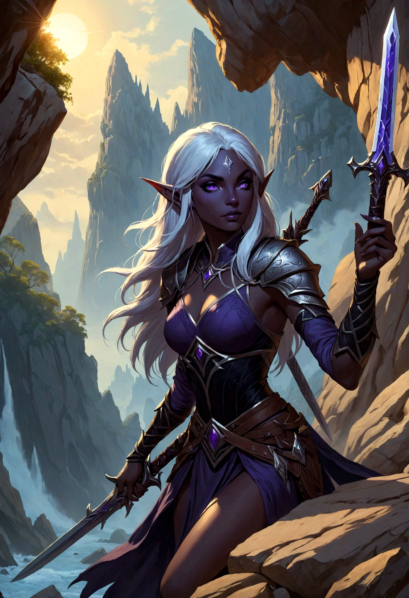 Close-up of a man holding a sword near the rocks,climb岩，climb， Noah Bradley (Noah Bradley) Inspiring Portraits, cg social hot spots, Fantasy Art, Drow, Drow ranger, female Drow elf, perfect Drow, handsome Drow, Dark Elves maiden, Dark Elves, Portrait of Drizzt Durden, male Drow, Dark Elves princess