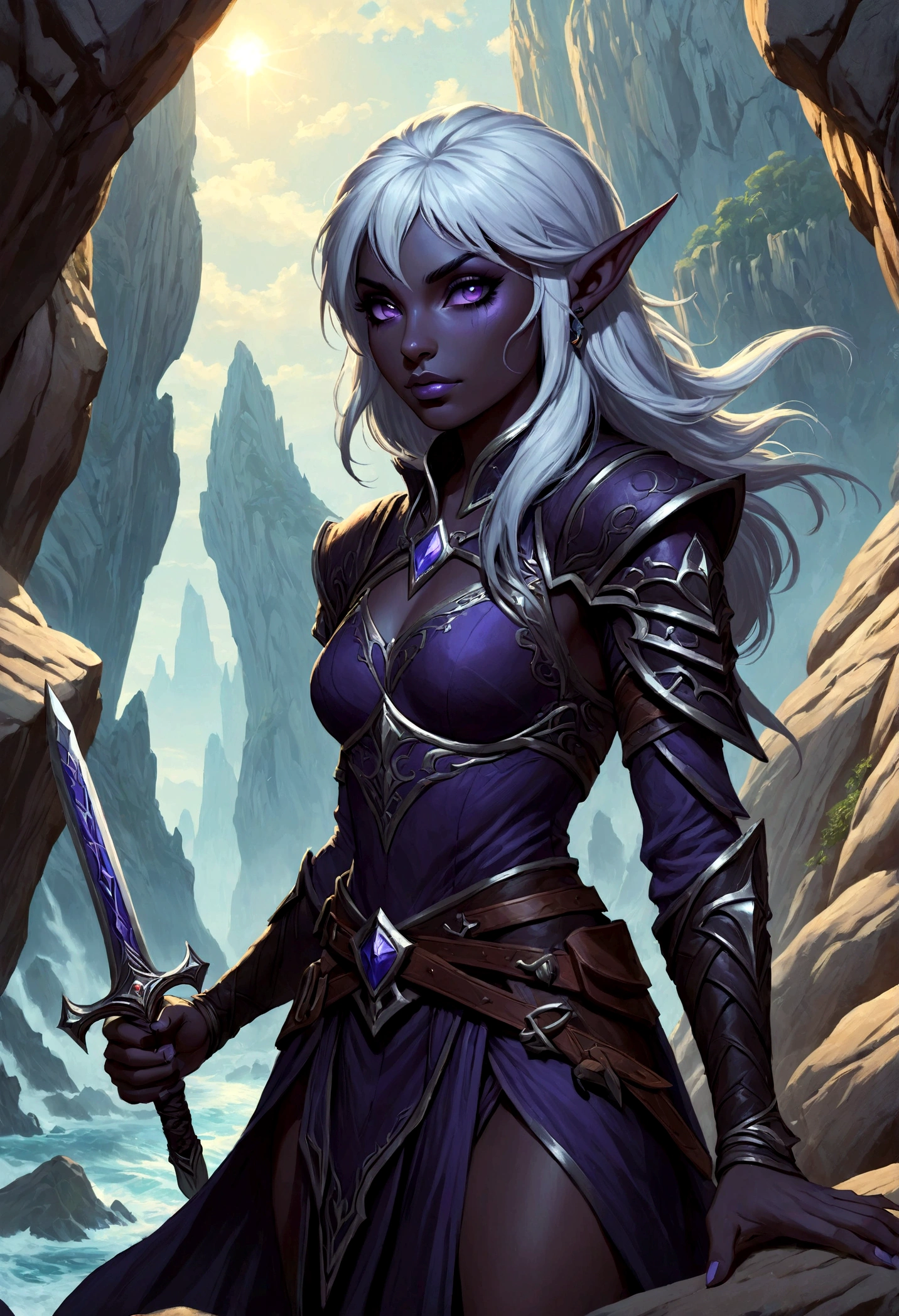 Close-up of a man holding a sword near the rocks,climb岩，climb， Noah Bradley (Noah Bradley) Inspiring Portraits, cg social hot spots, Fantasy Art, Drow, Drow ranger, female Drow elf, perfect Drow, handsome Drow, Dark Elves maiden, Dark Elves, Portrait of Drizzt Durden, male Drow, Dark Elves princess