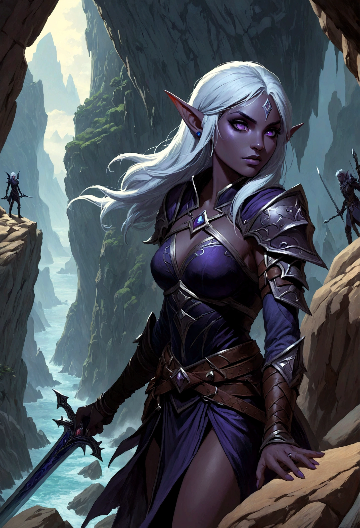 Close-up of a man holding a sword near the rocks,climb岩，climb， Noah Bradley (Noah Bradley) Inspiring Portraits, cg social hot spots, Fantasy Art, Drow, Drow ranger, female Drow elf, perfect Drow, handsome Drow, Dark Elves maiden, Dark Elves, Portrait of Drizzt Durden, male Drow, Dark Elves princess