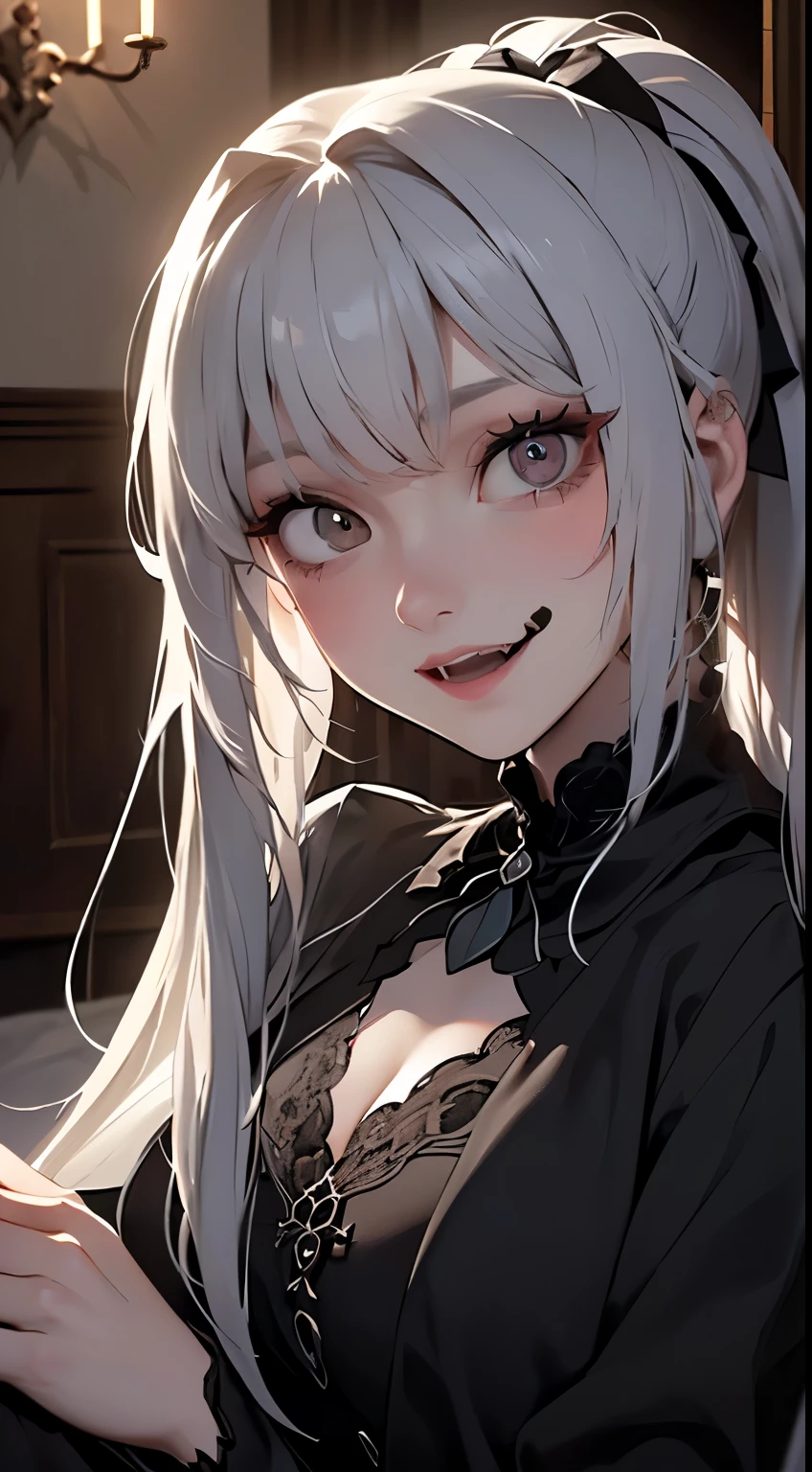 The lighting is very dim、Cinematic Lighting Effects、Her face is clearly visible、(((Huge very dark old gothic bedroom)))、(((He is smiling with his eyes shining and showing two long, sharp fangs.)))、1girl,、Silver-haired hair、Ponytail with bangs、(((vampire)))、(((((Abnormally long incisors)))))、She has a very beautiful face、Because it&#39;s tight、Big and beautiful eyeid-chest、(((In underwear)))、Detailed depiction of the transparency and wrinkles of the ultra-thin underwear material、Detailed depiction of the beauty of hair、Detailed depiction of blue eye sparkle、Girl squatting and spreading her legs、Super excited girl、、A large, clean, white bed、