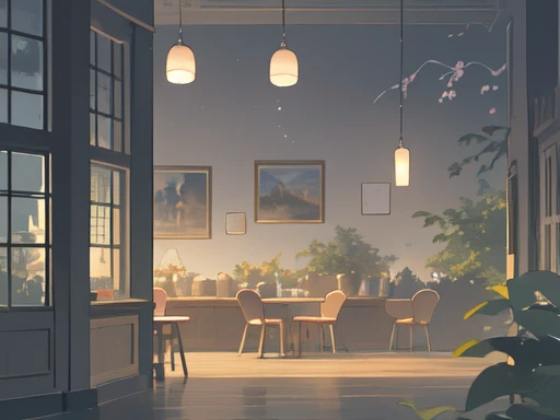 (coffee shop, cafe, coffee, cafe latte, relax mood), early summer air, aesthetic, Ghibli background style, cute storybook illustration, gentle soft lighting, Giorgio Morandi Colors, thick line graph, full-color illustration, cover illustration, scenery, dabai style, (lamplight:1.0)，masterpiece, Best quality at best,