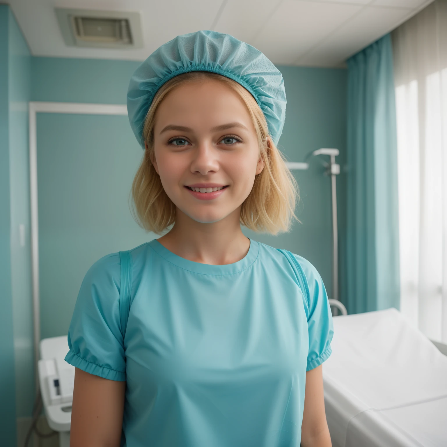 Arafed woman in a blue scrub hat standing in a hospital room - SeaArt AI