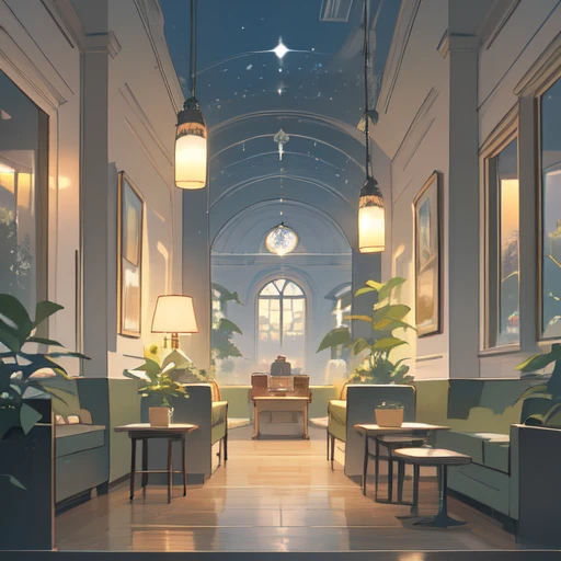 (coffee shop, cafe, coffee, cafe latte, relax mood), early summer air, aesthetic, Ghibli background style, cute storybook illustration, gentle soft lighting, Giorgio Morandi Colors, thick line graph, full-color illustration, cover illustration, scenery, dabai style, (lamplight:1.0)，masterpiece, Best quality at best,