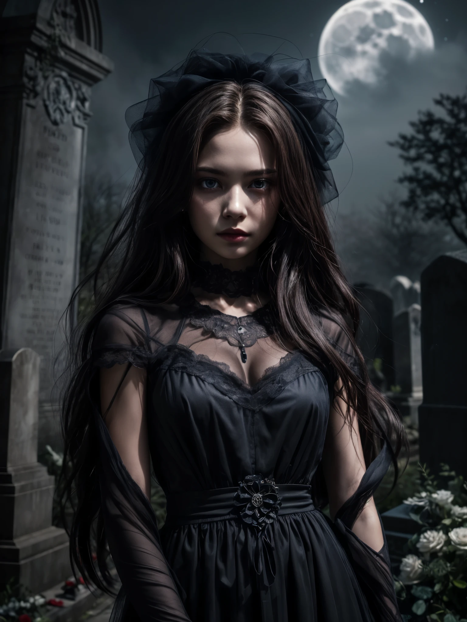 1girl, detailed face, very long hair, drapped lace dark gown, cemetery complex, eerie glow moonlight, shrouded by mist, masterpiece, best quality, cinematic, evil, 