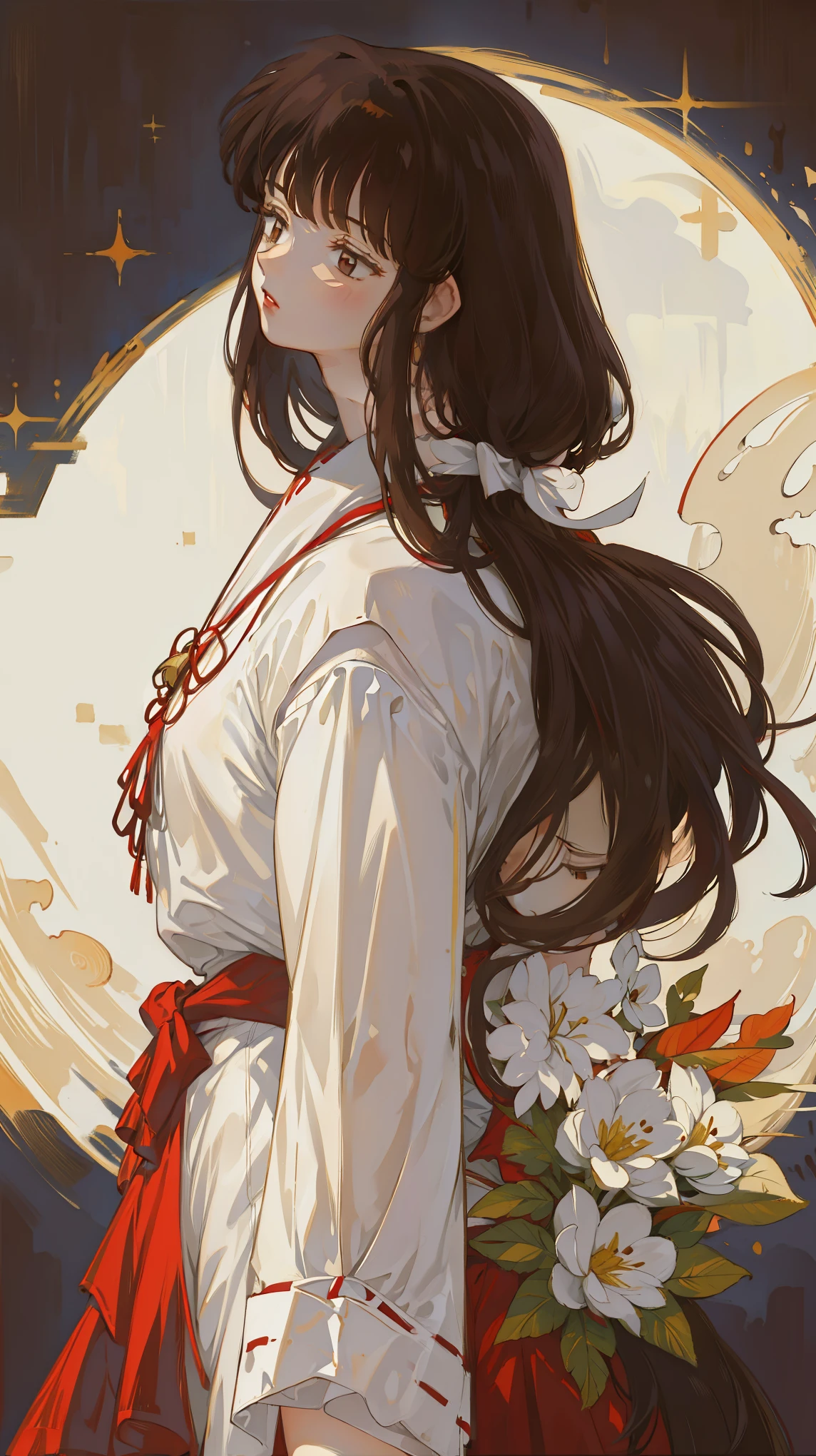Painted above chest, Honey, (1 girl), ((独奏)), ((Solitary)), Lovely, White skin, By Bangs, Platycodon grandiflorum, Skinny, Side Chain, (Black hair), blunt_hair, Red_Apart from,(Miko costume), elegant,Japanese traditional clothing, Brown eyes, Brown Eyeshadow, (red lips), masterpiece, high quality