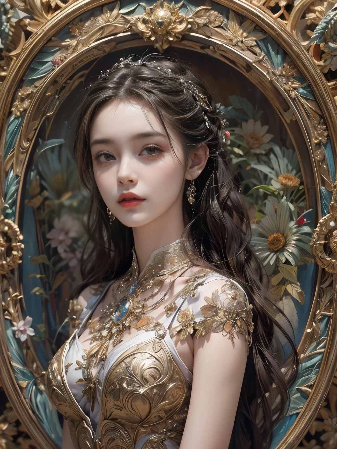 (8k, highest quality, masterpiece: 1.2), (Realistic, photoRealistic: 1.37), Super detailed, One Girl, Wide viewing angles, huge firm bouncing bust, Very delicate depiction, Miniature painting, Detailed depiction of the face, Detailed depiction of hair, Accurate skeleton, Dress with intricate patterns, Complicated armor,  