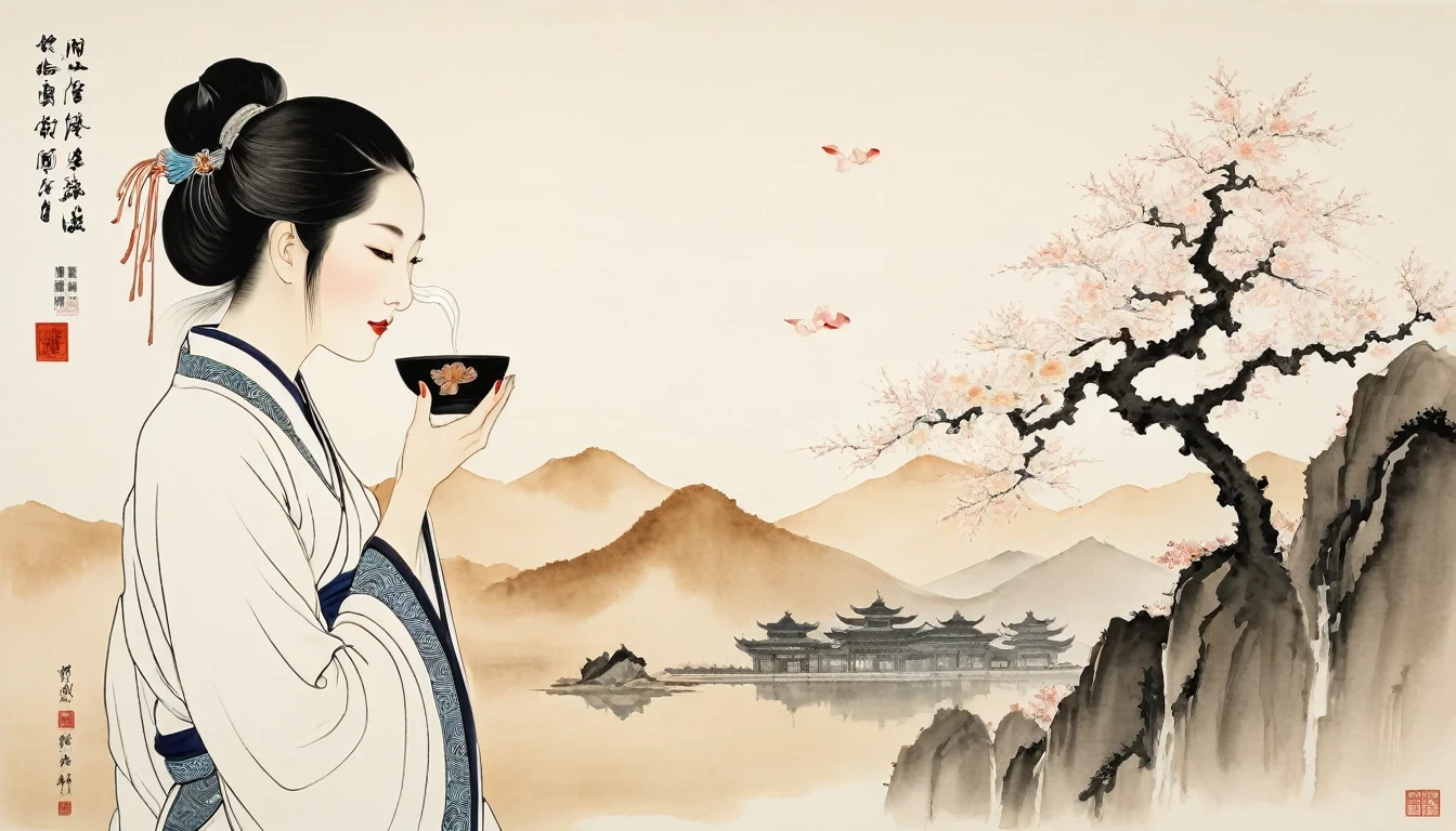 (Leave a lot of white:1.5)，white, White background, simple, Minimalism, abstract,Freehand，Aesthetic，Tai Chi，Gossip，Black and white，Taoist style，Ink Painting，antiquity，Lotus，Girl drinking tea， Chinese traditional ink painting, Traditional Chinese Art, author：Guo Xi, author：Ma Yuoneyu, traditional Chinese painting, author：Xu Xi, author：Luo Mu, author：Yoneg Buzhi, author：Li Kelone, author：wisdom&#39;one, Ink Painting ) ) ) ), Chinese ink painting, Traditional Chinese painting style