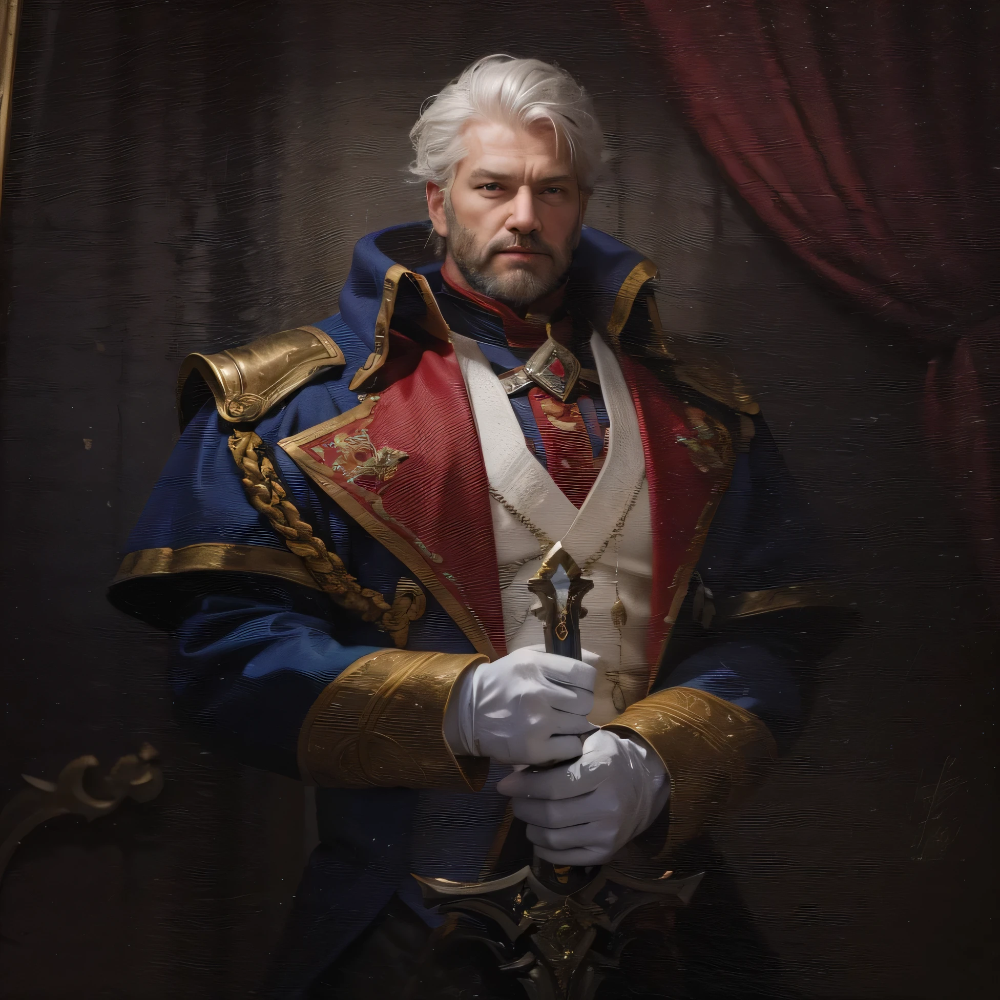 hombre de 50 años, muscular male, músculo, pelo blanco, barba, noble guardia, guardia, espada, guantes
