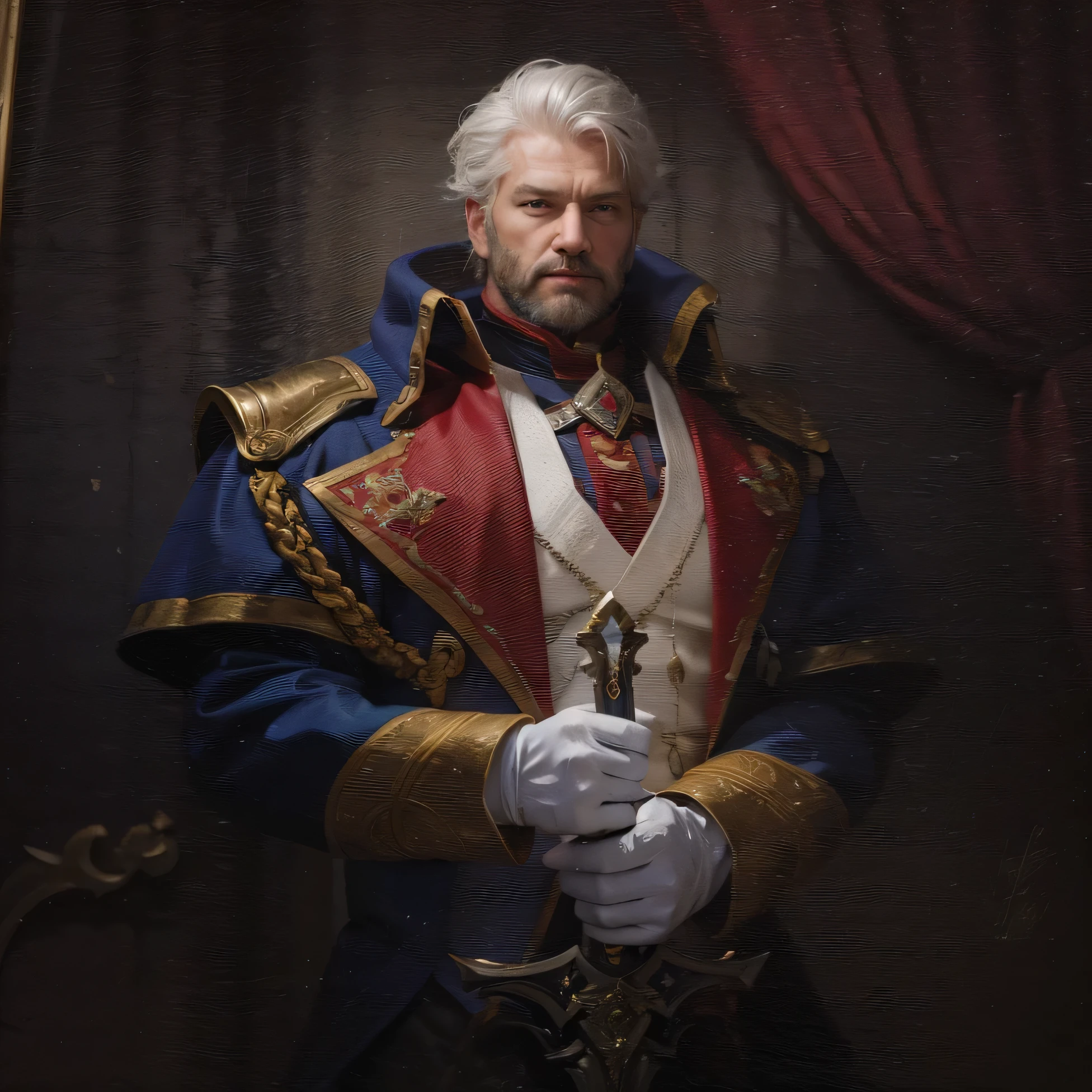 50 years old male, muscular male, muscle, white hair, beard, noble guard, guard, sword, gloves