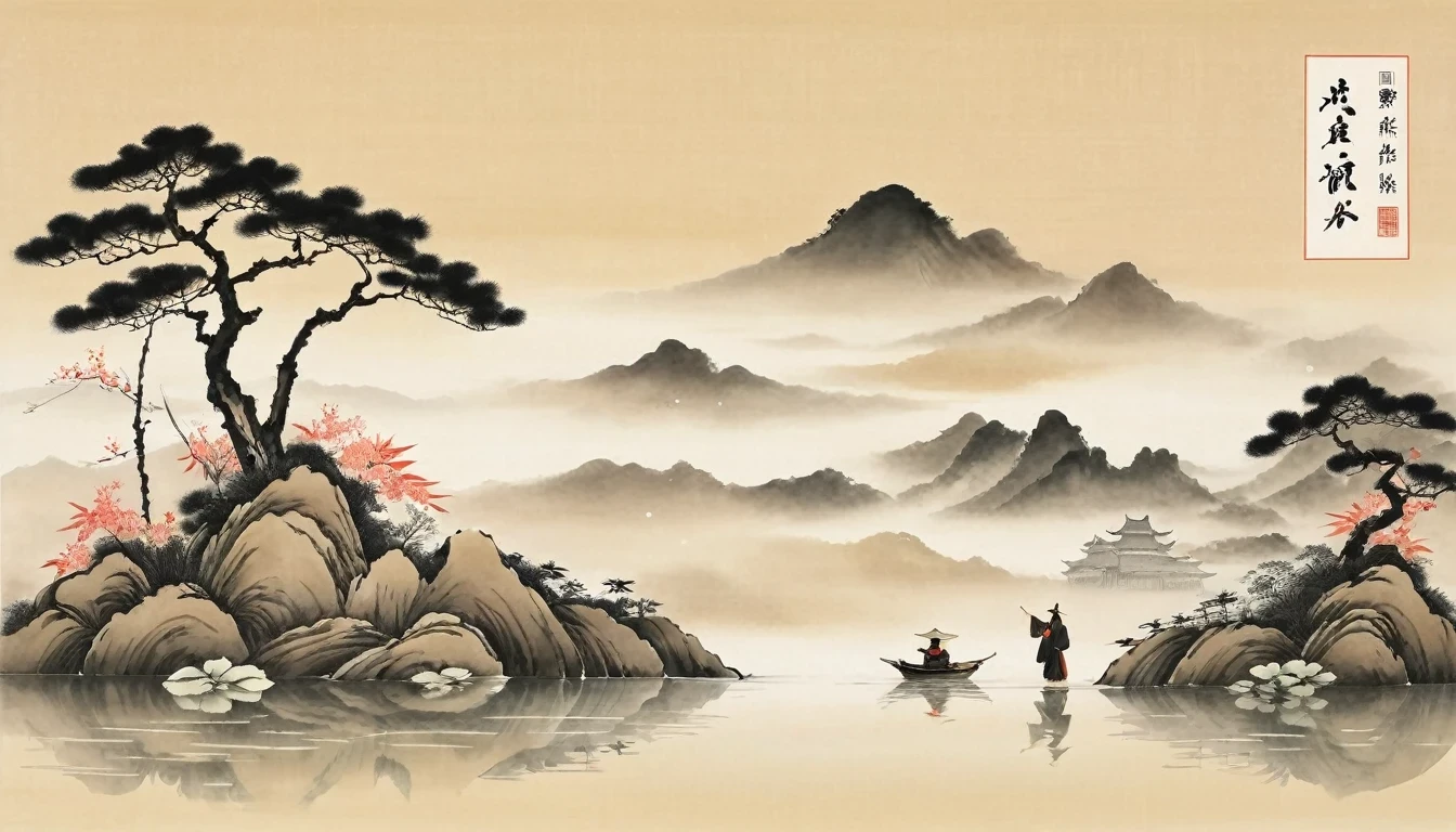 (Leave a lot of 白色的:1.5)，白色的, 白色背景, 简单的, 极简主义, 抽象的,手绘，审美的，太极，八卦，Black and 白色的，道教风格，水墨画，古代，莲花，女孩喝茶， 中国传统水墨画, 中国传统艺术, 作者：Guo Xi, 作者：Ma Yu一yu, 国画, 作者：Xu Xi, 作者：Luo Mu, 作者：Y一g Buzhi, 作者：Li Kel一, 作者：智慧&#39;一, 水墨画 ) ) ) ), 中国水墨画, 中国传统绘画风格