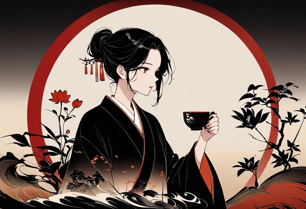 (Leave a lot of white:1.5)，white, White background, simple, Minimalism, abstract,Freehand，Aesthetic，Tai Chi，Gossip，Black and white，Taoist style，Ink Painting，antiquity，Lotus，Girl drinking tea