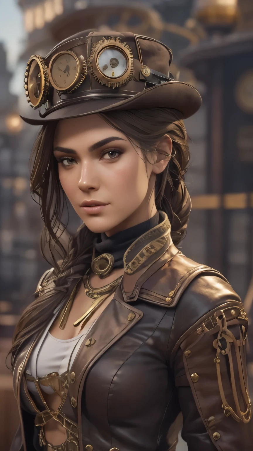 Columbian 19 year old girl, Kassandra, half body view, (front to camera), detailed european face, (aspiring facial expression), (((steampunk style close))), ((steampunk city on the background)), RAW, analog style, ultra detailed photograph, cinematic lighting, artstation, 4k, sharp focus, high resolution, detailed skin, detailed eyes,