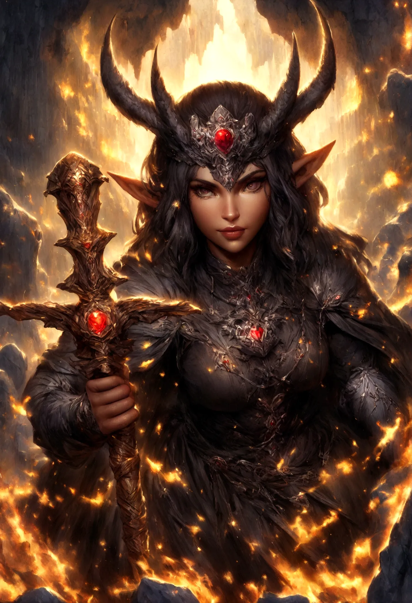 close-up of a woman holding a sword near the rocks,climb岩，climb， noah bradley (noah bradley) inspiring portraits,dark elves，drow...