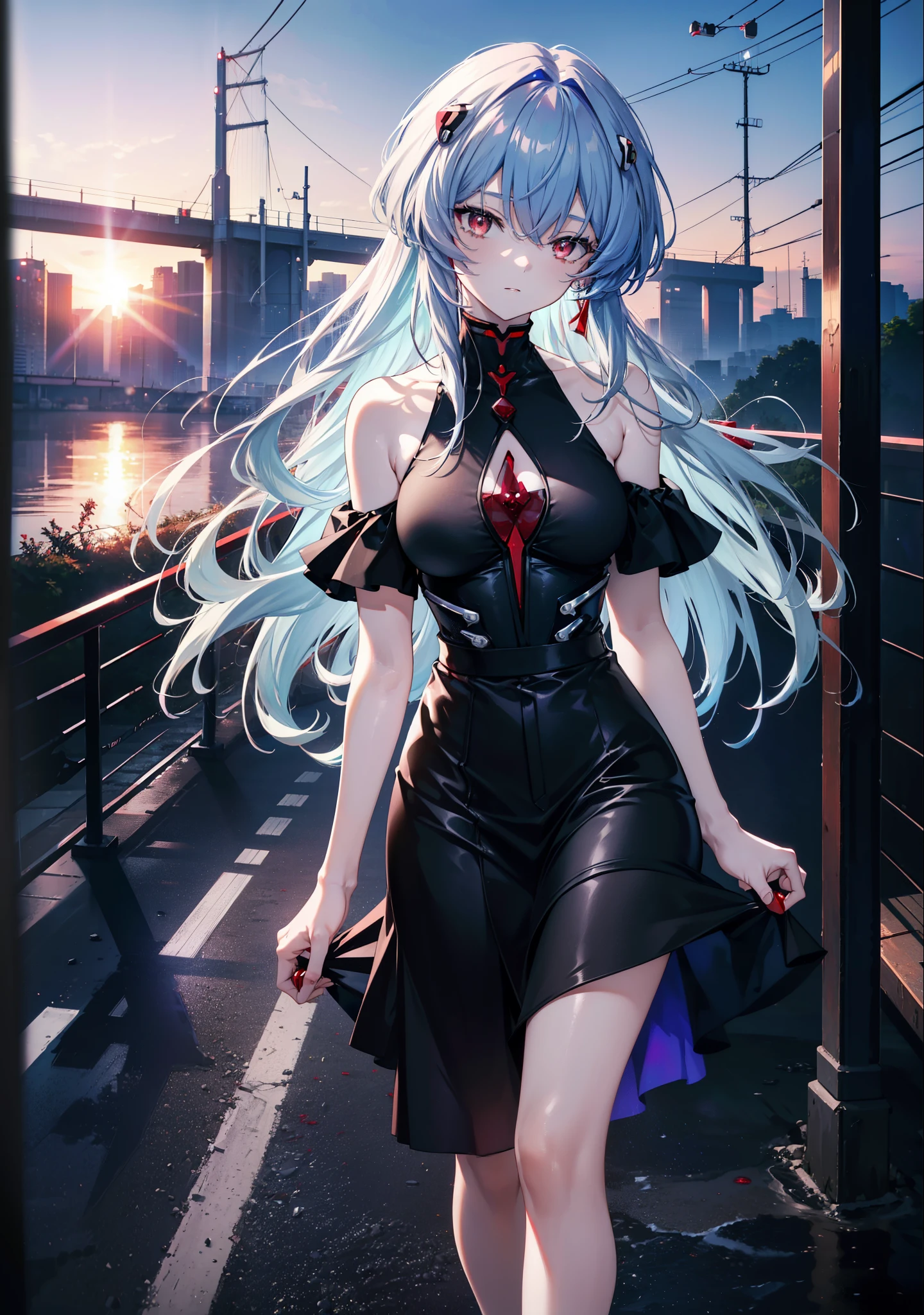 reiayanami, Rei Ayanami, Blue Hair, Long Hair, (Red ruby eyes:1.5),smile,black cold shoulder tops,Short sleeve,black long skirt,Black pantyhose,Stiletto heels,evening,sunset,walking,whole bodyがイラストに入るように,
break outdoors, ビル街
break looking at viewer, whole body,
break (masterpiece:1.2), highest quality, High resolution, unity 8k wallpaper, (figure:0.8), (Beautiful fine details:1.6), Highly detailed face, Perfect lighting, Highly detailed CG, (Perfect hands, Perfect Anatomy),