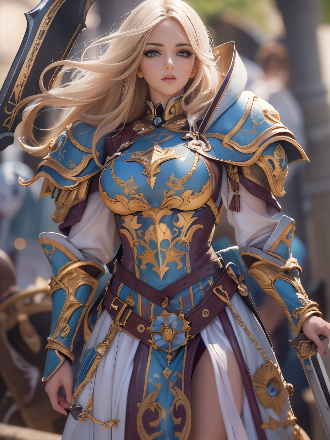 (8k, highest quality, masterpiece: 1.2), (Realistic, photoRealistic: 1.37), Super detailed, One Girl, Paladin with a sword imbued with light, Wide viewing angles, huge firm bouncing bust, Very delicate depiction, Miniature painting, Detailed depiction of the face, Detailed depiction of hair, Accurate skeleton, Dress with intricate patterns, Complicated armor