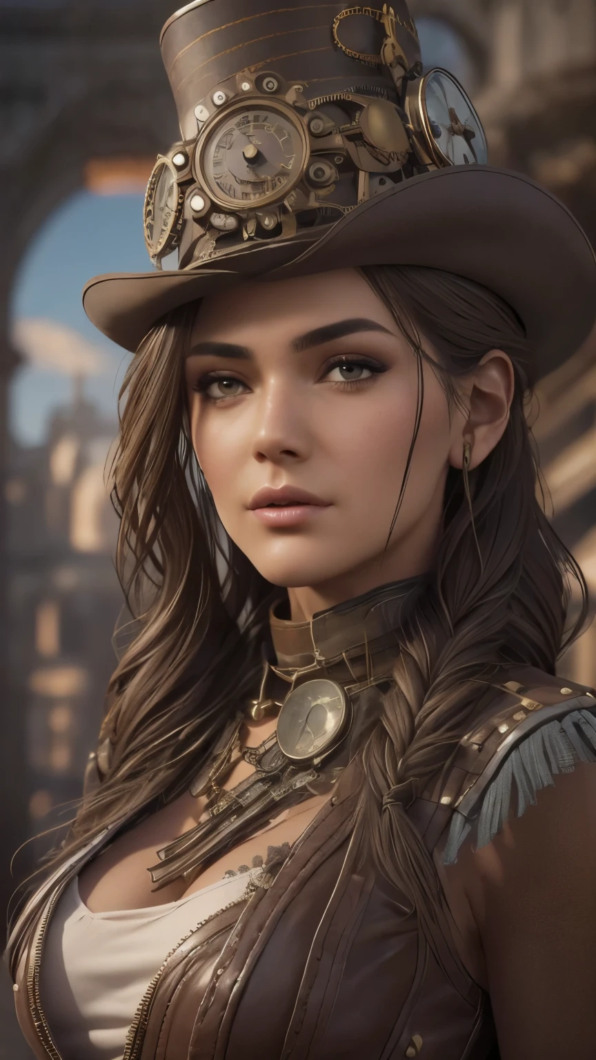 Columbian 19 year old girl, Kassandra, half body view, (front to camera), detailed european face, (aspiring facial expression), (((steampunk style close))), ((steampunk city on the background)), RAW, analog style, ultra detailed photograph, cinematic lighting, artstation, 4k, sharp focus, high resolution, detailed skin, detailed eyes,