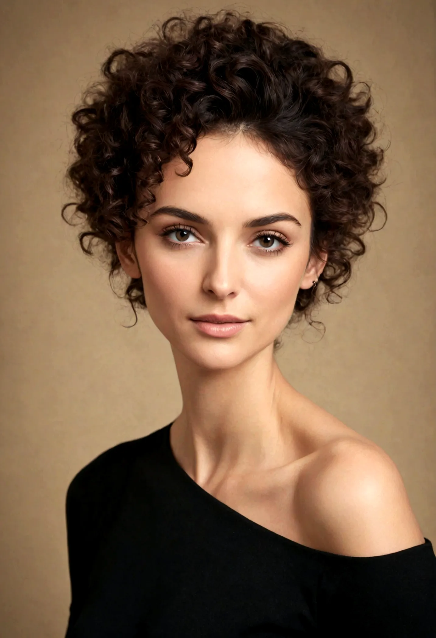 A woman, skin details,large honey eyes, (voluminous, well-defined, dark curly hair. Her curls are large and natural, with signif...