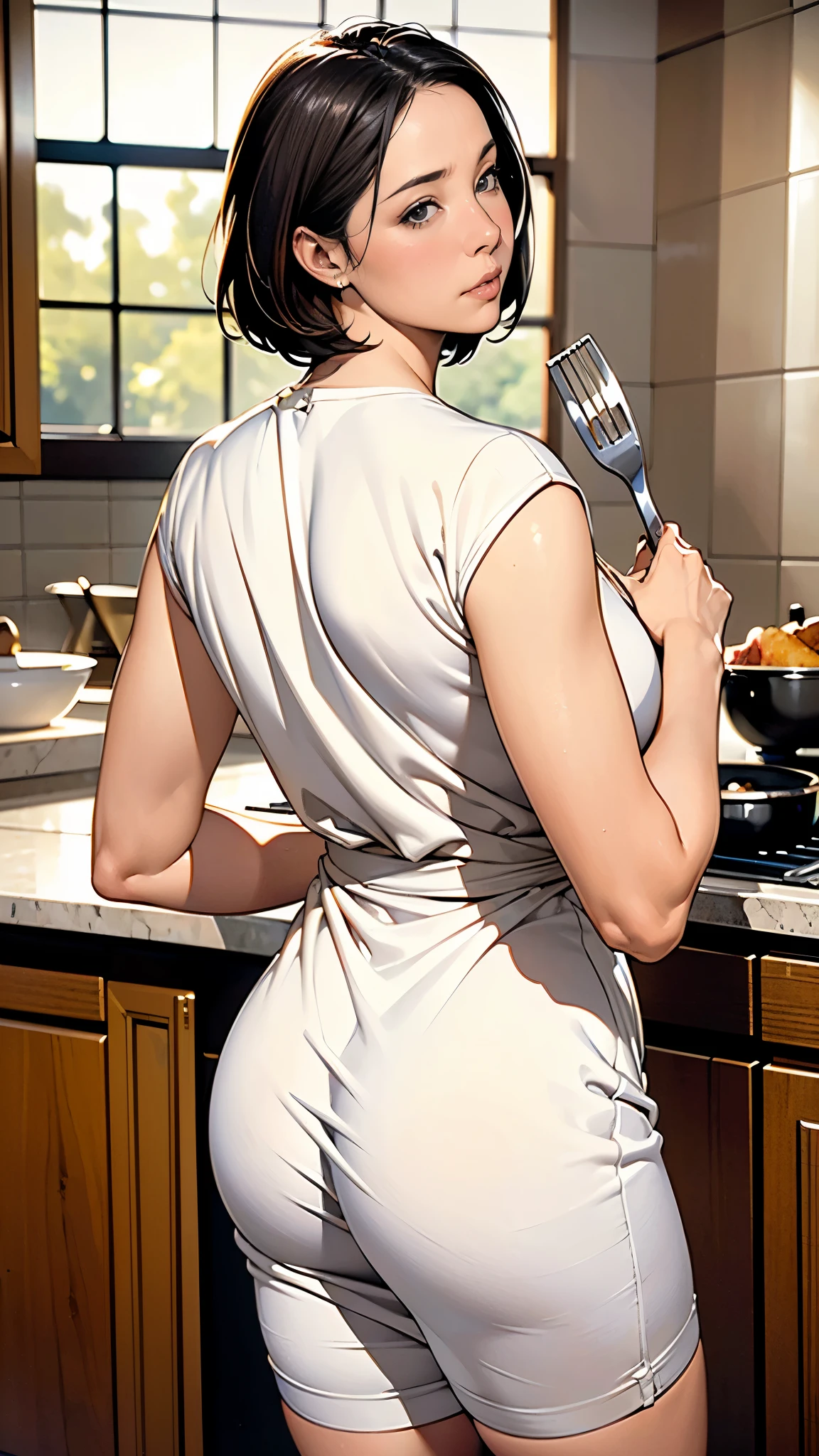 (masterpiece:1.2, highest quality), (Realistic, photoRealistic:1.4),1 female,Mature Woman,48 years old,(((Woman cooking))),((Have cooking utensils)),(Short Bob),(Loungewear),(Kitchen background),(((Background Blur))),(From the back)