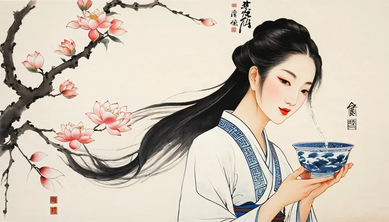 (Leave a lot of white:1.5)，white, White background, simple, Minimalism, abstract,Freehand，Aesthetic，Tai Chi，Gossip，Black and white，Taoist style，Ink Painting，antiquity，Lotus，Girl drinking tea， Chinese traditional ink painting, Traditional Chinese Art, author：Guo Xi, author：Ma Yuoneyu, traditional Chinese painting, author：Xu Xi, author：Luo Mu, author：Yoneg Buzhi, author：Li Kelone, author：wisdom&#39;one, Ink Painting ) ) ) ), Chinese ink painting, Traditional Chinese painting style