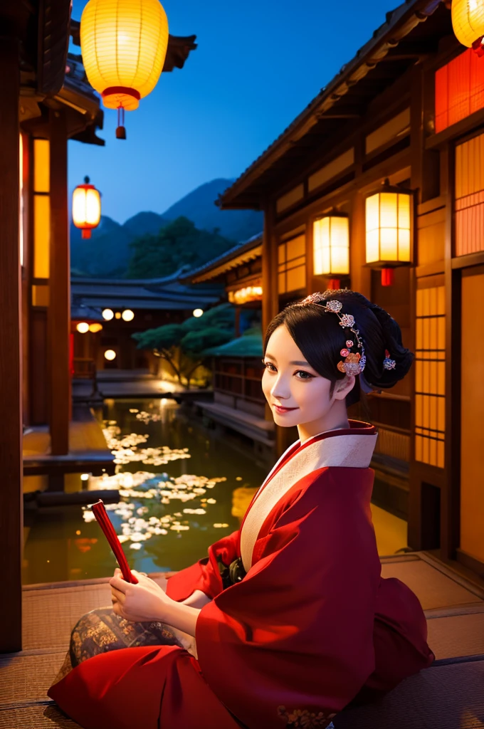 Frau１Menschen、Verlockend、Oiran、超美Menschen、Eine atemberaubende Schönheit, in die sich jeder verliebt、Sitzen an einem Ort mit Blick auf Yoshiwara bei Nacht、Das Licht der roten Laternen funkelt、Japanische Landschaft、Oder Punkt、Friseur