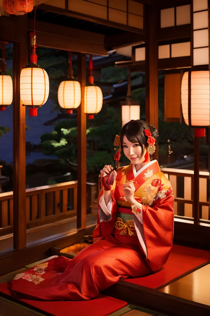 mulher１pessoas、atraente、Oiran、超美pessoas、Uma beleza estonteante pela qual todos se apaixonam、Sentado em um lugar com vista para Yoshiwara à noite、A luz das lanternas vermelhas está brilhando、Paisagem japonesa、Ou ponto final、Cabeleireiro