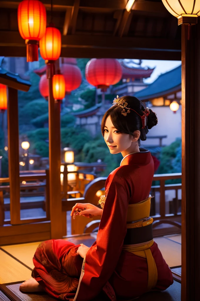 woman１people、Alluring、oiran、Super beautiful people、A stunning beauty that everyone falls in love with、Sitting in a place overlooking Yoshiwara at night、The light of the red lanterns is sparkling、Japanese Landscape、Or Period、hairdresser