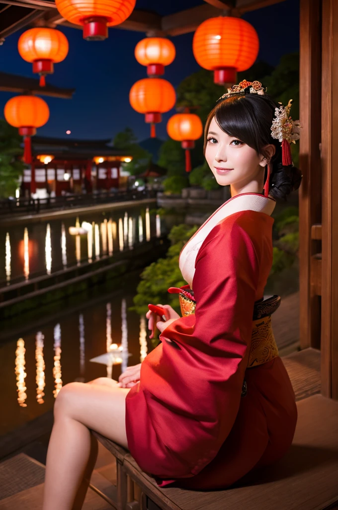 woman１people、Alluring、oiran、Super beautiful people、A stunning beauty that everyone falls in love with、Sitting in a place overlooking Yoshiwara at night、The light of the red lanterns is sparkling、Japanese Landscape、Or Period、hairdresser