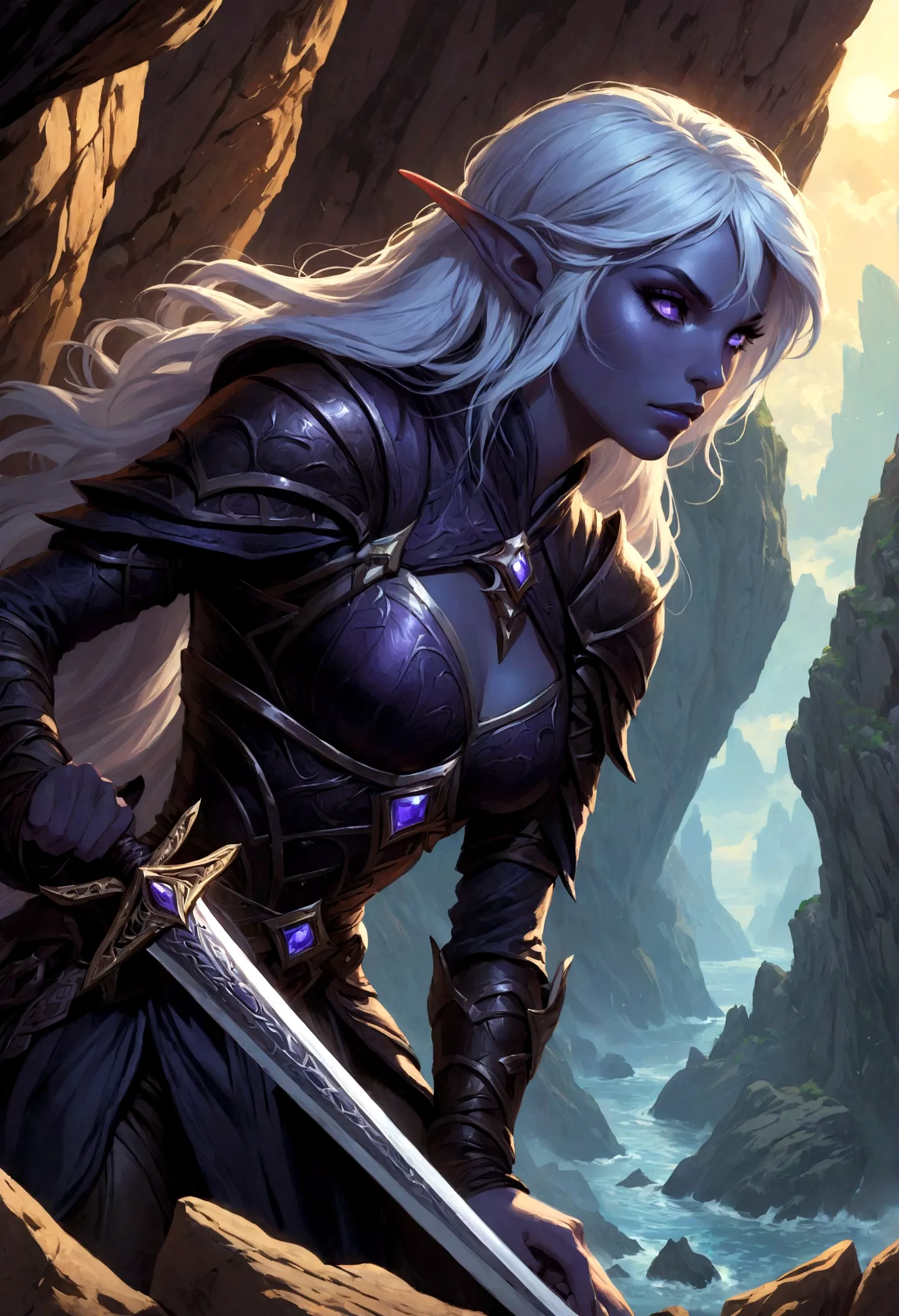 close-up of a woman holding a sword near the rocks,climb岩，climb， noah bradley (noah bradley) inspiring portraits,dark elves，drow...