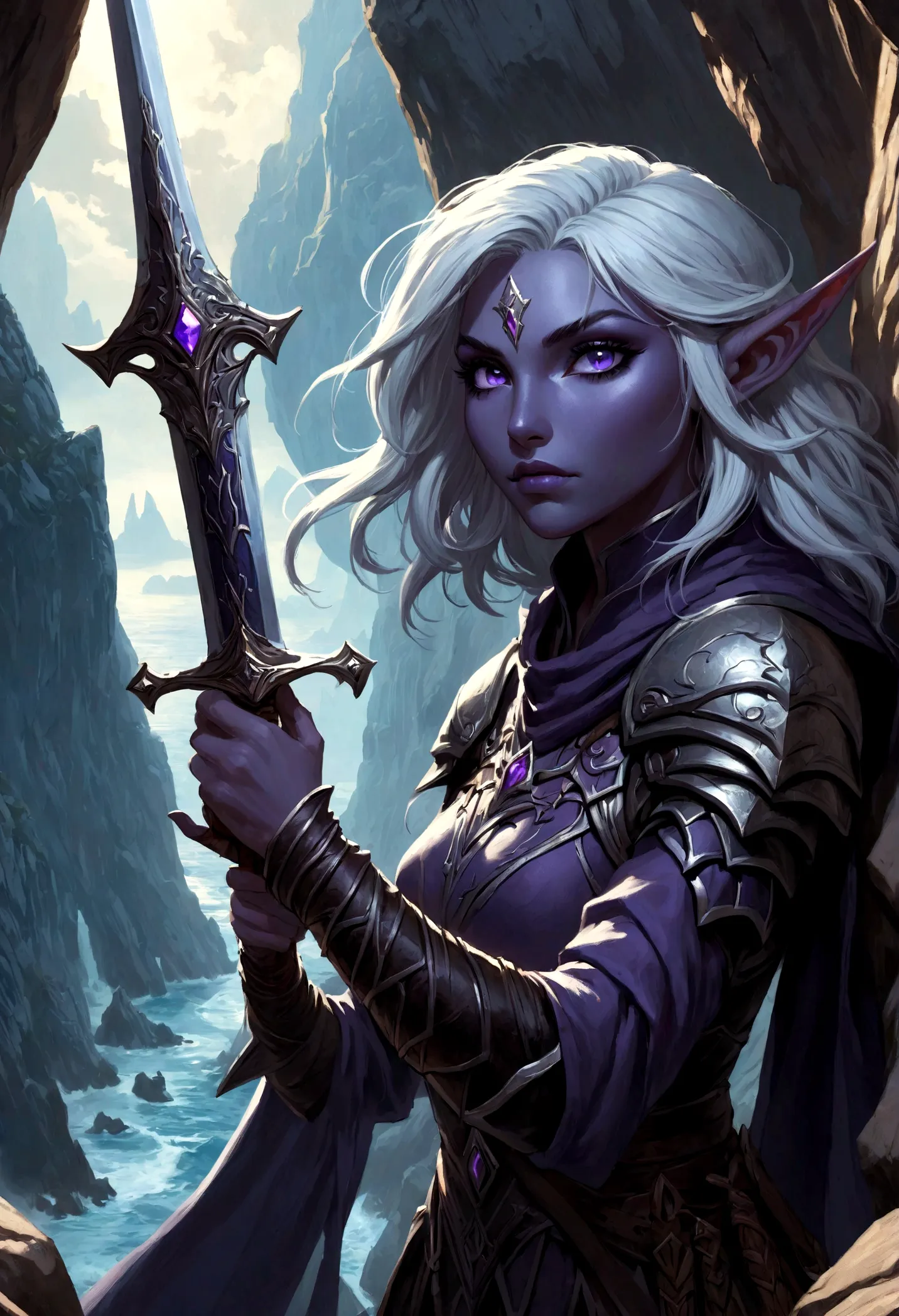 close-up of a woman holding a sword near the rocks,climb岩，climb， noah bradley (noah bradley) inspiring portraits,dark elves，drow...