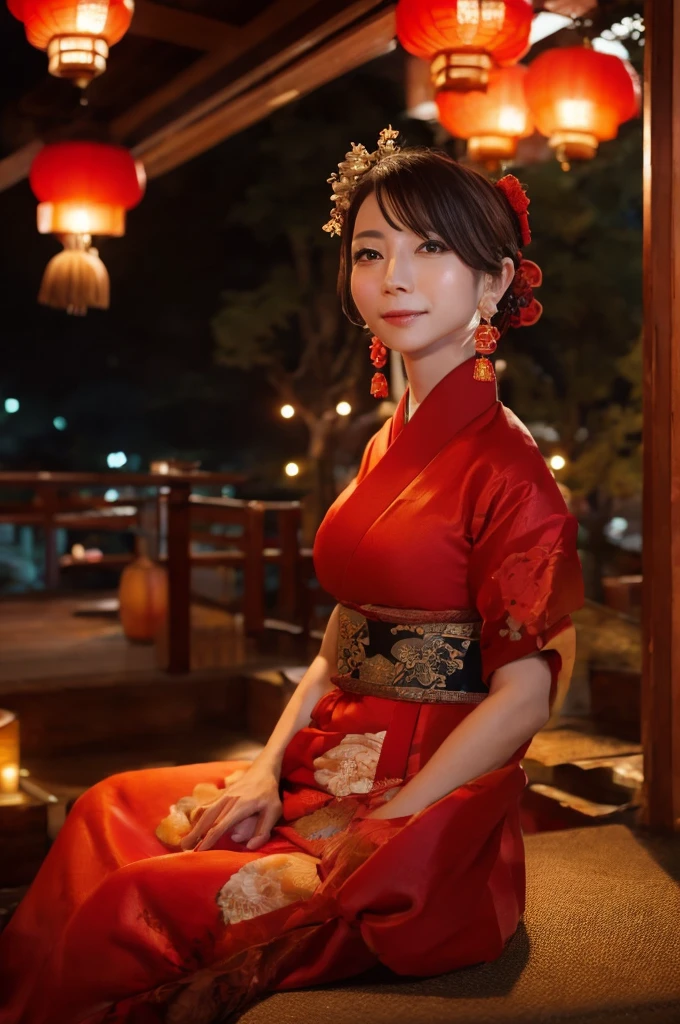 woman１people、Alluring、oiran、Super beautiful people、A stunning beauty that everyone falls in love with、Sitting in a place overlooking Yoshiwara at night、The light of the red lanterns is sparkling、Japanese Landscape、Or Period、hairdresser