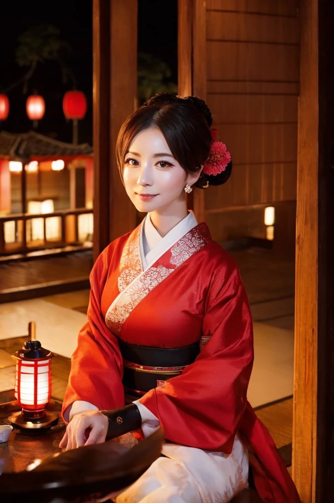 mulher１pessoas、atraente、Oiran、超美pessoas、Uma beleza estonteante pela qual todos se apaixonam、Sentado em um lugar com vista para Yoshiwara à noite、A luz das lanternas vermelhas está brilhando、Paisagem japonesa、Ou ponto final、Cabeleireiro