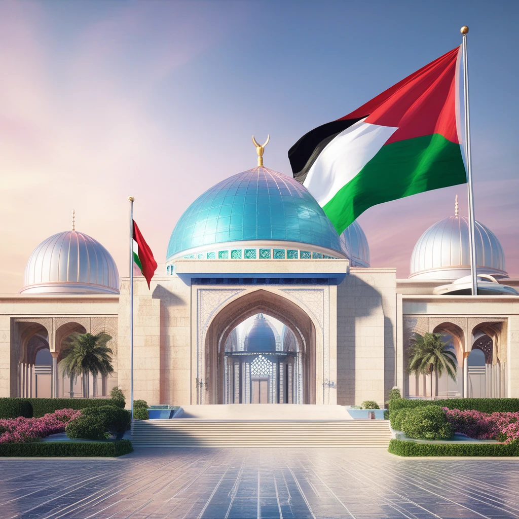 a futuristic palace of palestine, an arabic leader rise the flag of palestine, victory, cyberpunk, mecha, flags of palestine, highly detailed, 8k, photorealistic, cinematic lighting, dramatic, vivid colors, concept art style, celebration, party flags