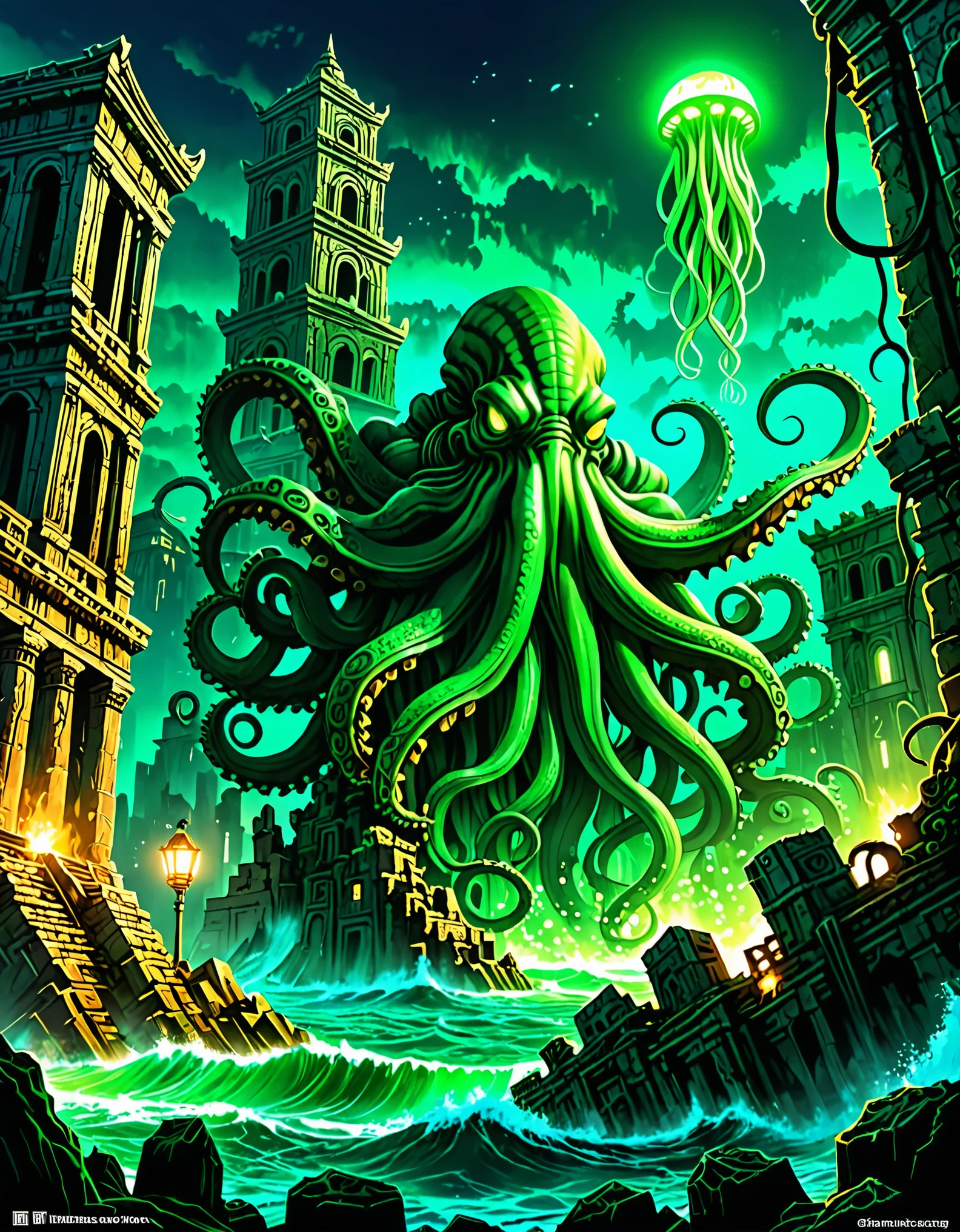 A giant Cthulhu、Awaken from the ruins of an ancient, desolate city。In the darkness of the deep sea、The green light shines mysteriously、The tentacles are moving ominously。Collapsed buildings and ancient artifacts can be seen in the background.。