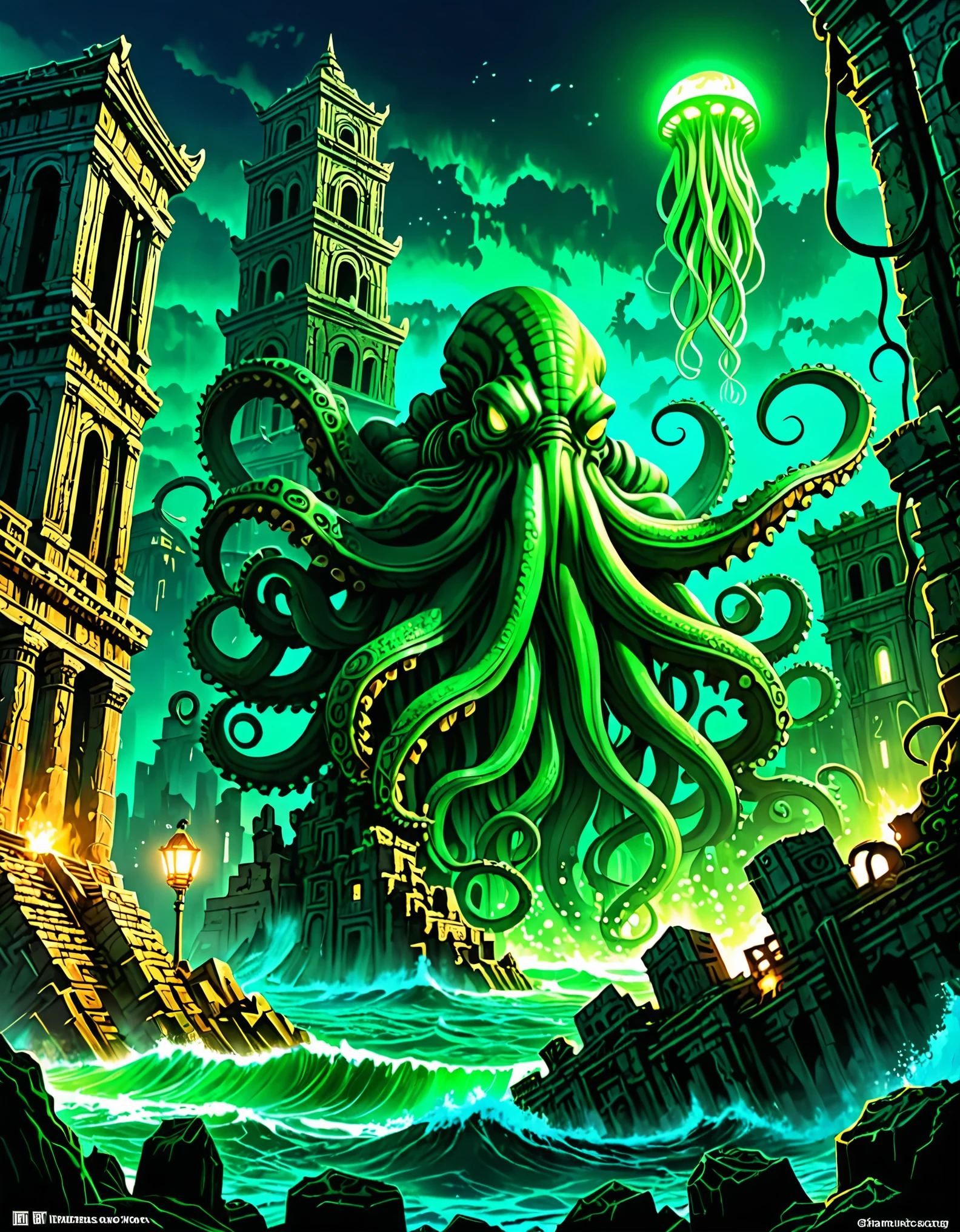 El gigante Cthulhu、Despertar de las ruinas de una antigua, ciudad desolada。En la oscuridad del mar profundo、La luz verde brilla misteriosamente、Los tentáculos se mueven siniestramente.。Al fondo se pueden ver edificios derrumbados y artefactos antiguos..。