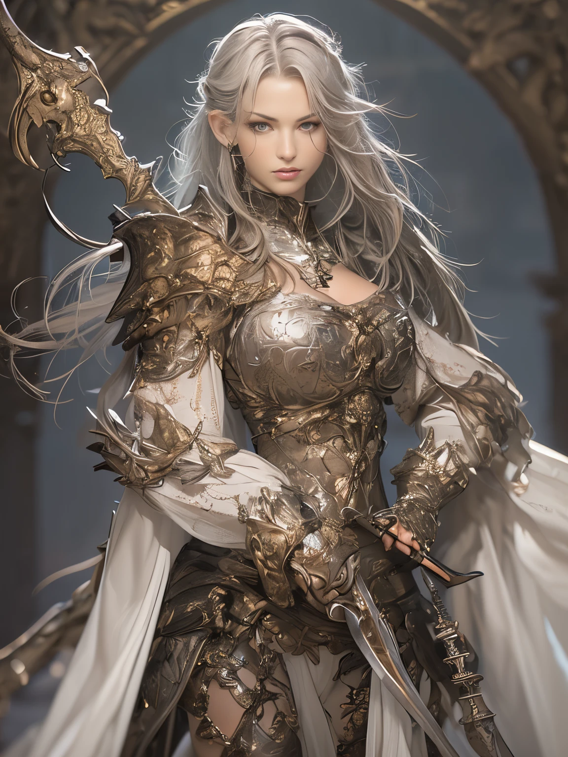 (8k, highest quality, masterpiece: 1.2), (Realistic, photoRealistic: 1.37), Super detailed, One Girl, Paladin with a sword imbued with light, Wide viewing angles, huge firm bouncing bust, Very delicate depiction, Miniature painting, Detailed depiction of the face, Detailed depiction of hair, Accurate skeleton, Dress with intricate patterns, Complicated armor, long thick sword