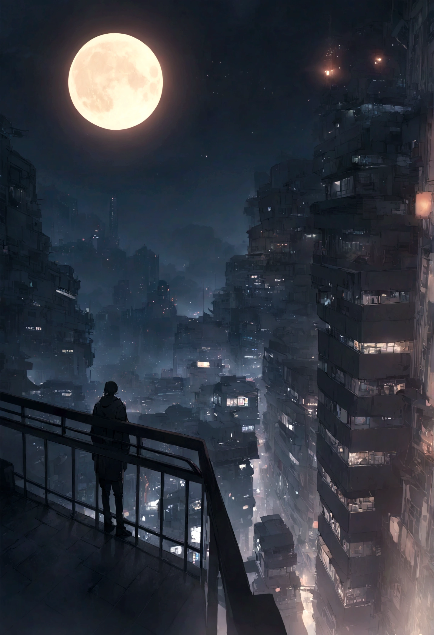 nighttime view of a man standing on a balcony looking at the Asia city, there is a moon above, pexels, digital art, looking at the city, looking over city, stunning moody cinematography, beautiful cinematography, overlooking a modern city, calm night. over shoulder shot, cyberpunk night street, cyberpunk street at night, busy cyberpunk metropolis, sci-fi cyberpunk city street