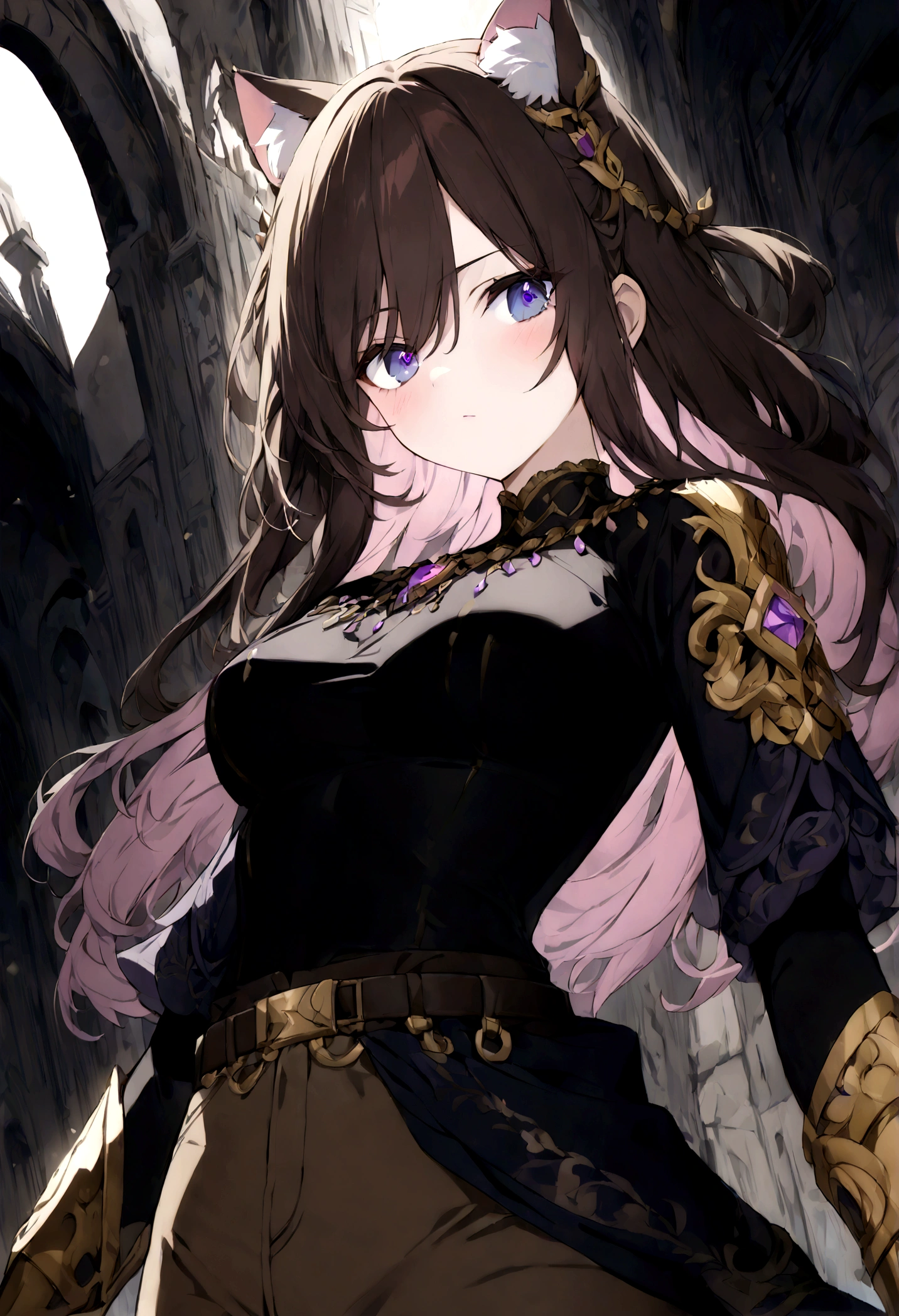 (1girl, Masterpiece, best quality) (detailed and beautiful eyes:1.6) (perfect hands, perfect anatomy) ( A young female character with long, brown hair featuring lighter streaks, styled in loose waves. She has striking (purple eyes and a confident, slightly defiant expression). She has distinctive cat-like ears, brown with pink inner fur. She wears a black form-fitting top adorned with gold and red accents, including intricate patterns. Over this, she has a dark-purple cloak covering with gold detailing. Accessories include a fiolet gemstone necklace and a belt with gold ornaments. The character is depicted in a dynamic low-angle shot, giving a sense of power and movement. The background is abstract with a gradient from dark to light hues, adding depth and emphasizing the character. The lighting is warm and dramatic, with strong highlights and shadows enhancing the overall design. She has a brown belt with dark fiolet accents cinched around her waist and wears brown pants with armored greaves.
