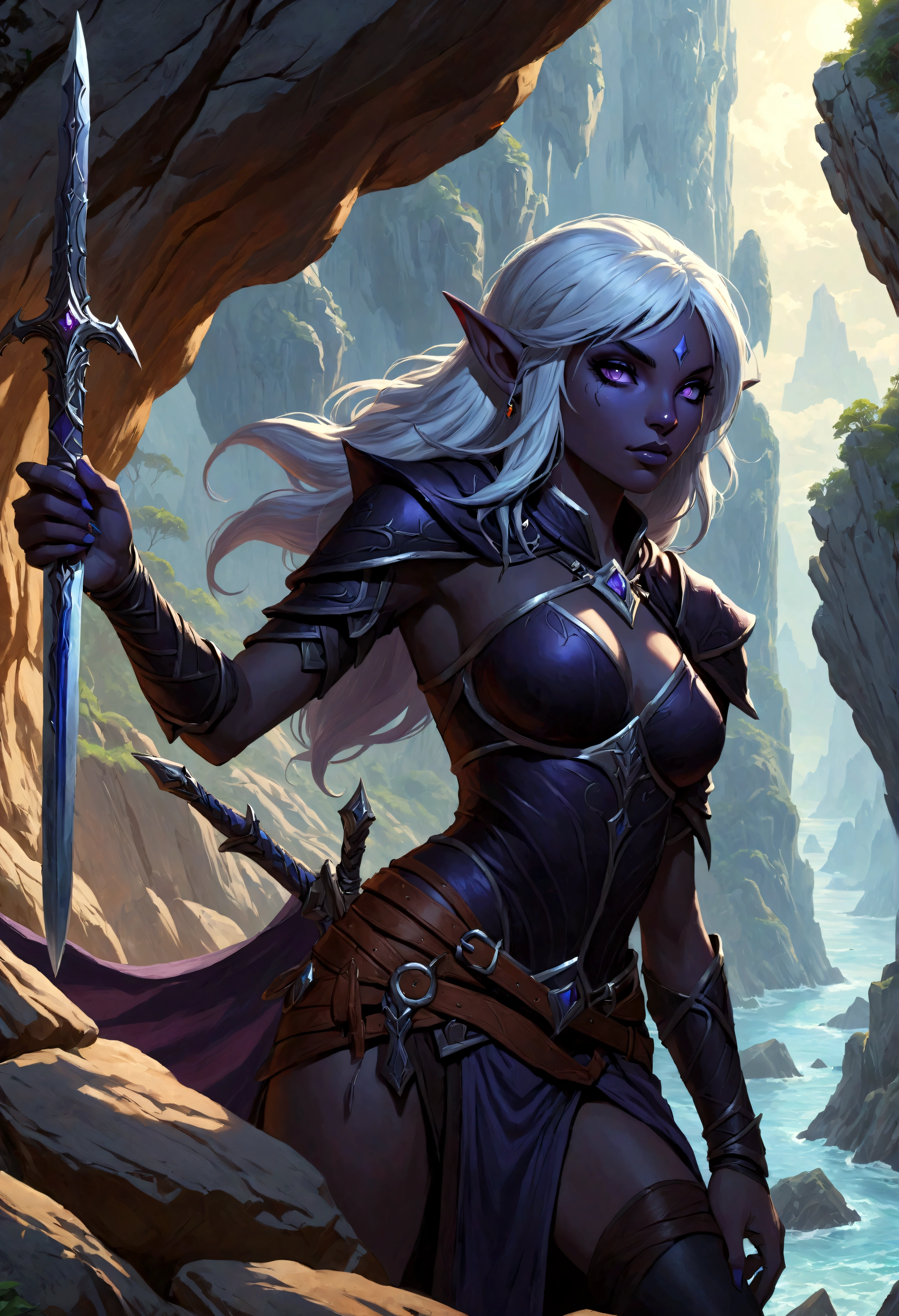 Close-up of a man holding a sword near the rocks,climb岩，climb， Noah Bradley (Noah Bradley) Inspiring Portraits, cg social hot spots, Fantasy Art, Drow, Drow ranger, female Drow elf, perfect Drow, handsome Drow, Dark Elves maiden, Dark Elves, Portrait of Drizzt Durden, male Drow, Dark Elves princess