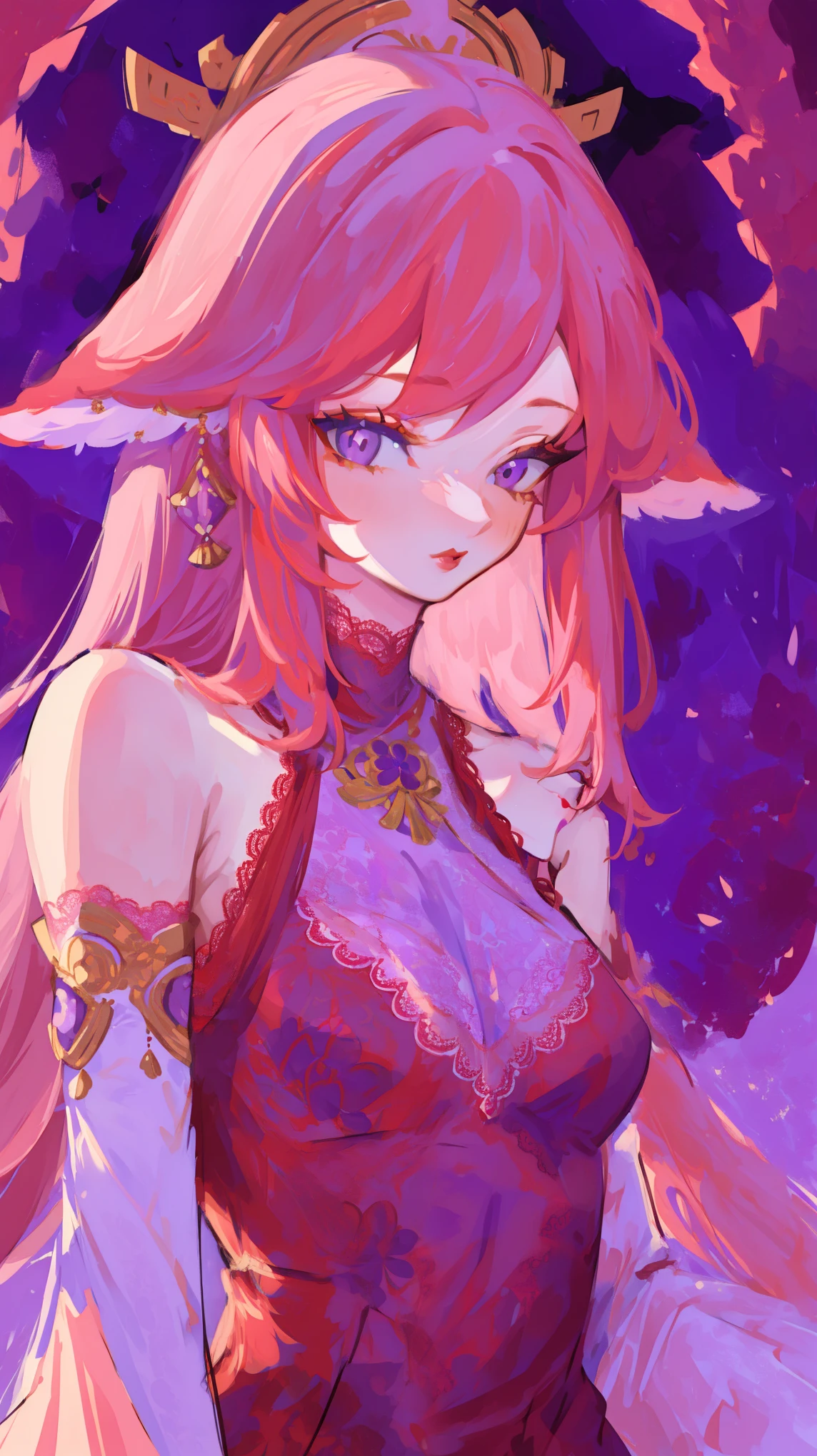 Upper body painting, Honey, (1 girl), ((solo)), ((Solitary)), White skin, By Bangs, Yae Yoshiko, Fox ears, Hair accessories, Pink hair, Purple Eyes, Purple Eyeshadow, (red lips), (Gorgeous Intricate Lace Dress), masterpiece, high quality