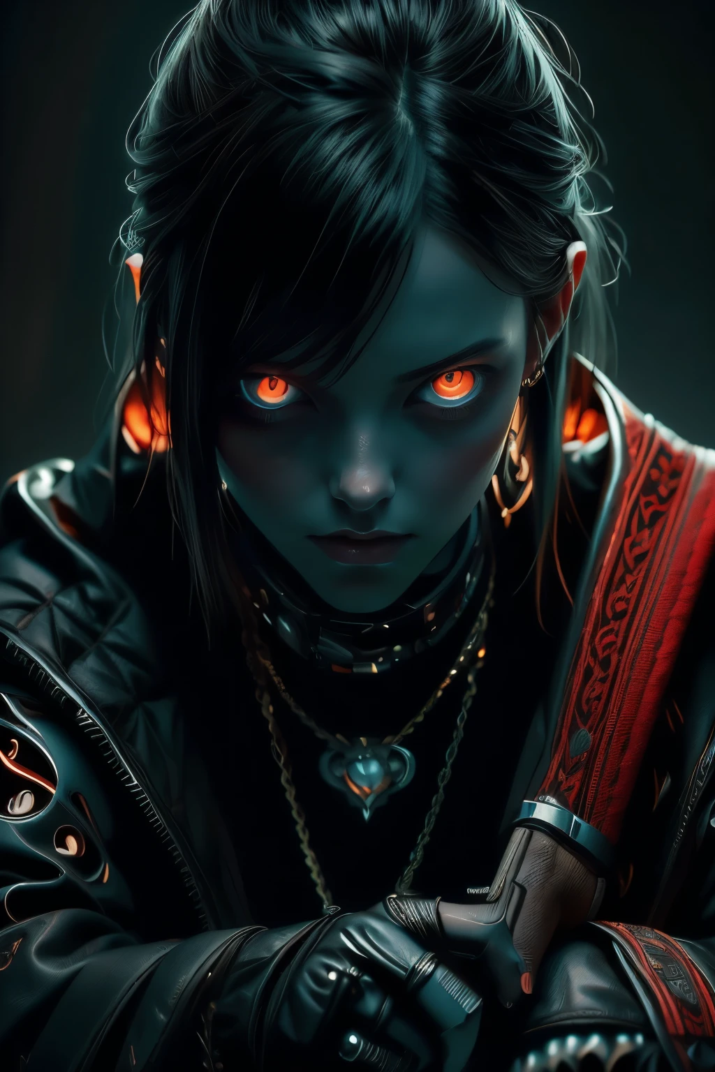 very detailed portrait of a young girl, full body, in a strict black suit, sitting cross-legged and holding a gun, (carved stylish chair, with armrests), (Art Nouveau style, cyber punk), with bright red eyes, black hair and tie (best quality, 4k , 8k, High Definition, Masterpiece: 1.2), Ultra Detail, (Realistic, Photorealistic, Photorealistic: 1.37), Digital Art, Concept Art, Cinematic Lighting, Dramatic Shadows, Muted Color Palette.