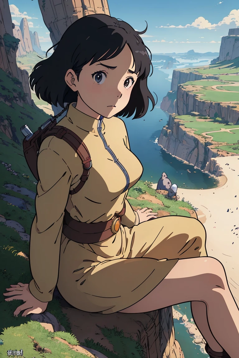 (masterpiece, highest quality;1.3), Highly detailed images, Super detailed,Nauskavalov, Valley of the Wind in the background, hayao miyazaki,One girl, alone,  comics, Bust Shot, From above, View Viewer,