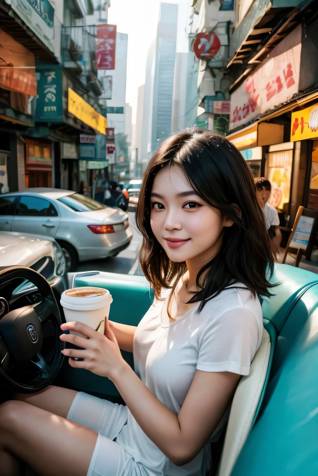 Ein fotorealistisches Selfie einer 23-jährigen südostasiatischen Frau mit einem warmen, Gesunde Bräune. Ihr kurzes schwarzes Haar hat leuchtende cyanfarbene Highlights. Sie hat doppelte Augenlider mit Mascara und minimalem Make-up. Sie strahlt ein breites Lächeln, einen heißen Kaffee in einem Pappbecher haltend, während sie auf dem Fahrersitz ihres Autos sitzt. Die Szene spielt in einer geschäftigen Stadt am Morgen, mit warmem Sonnenlicht, das.
