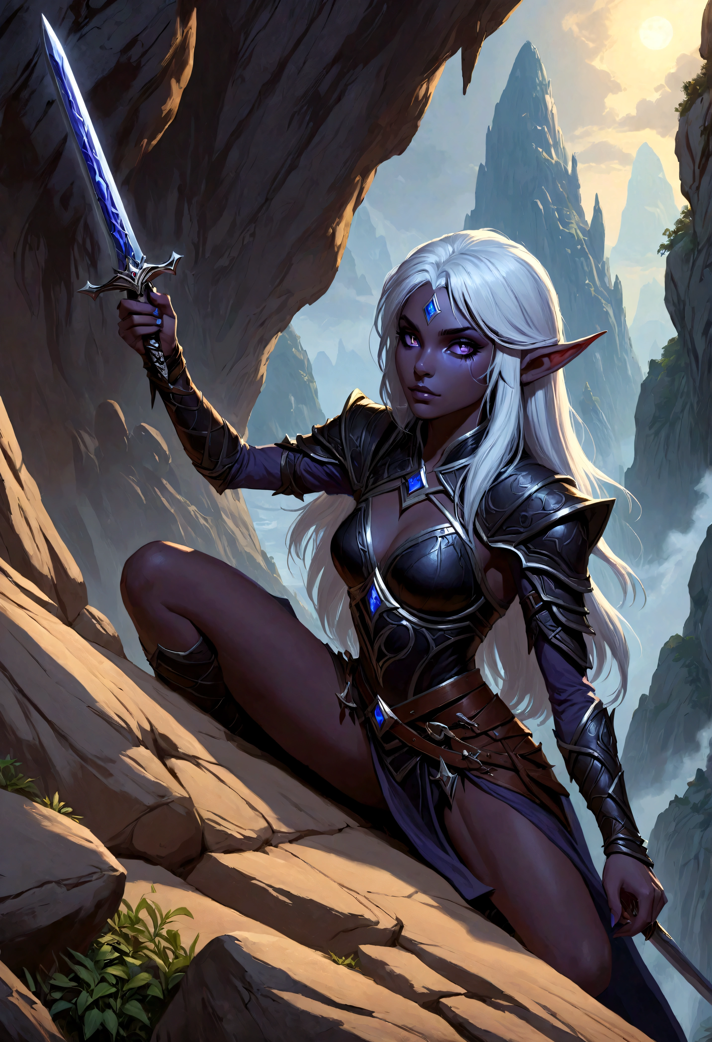 Close-up of a man holding a sword near the rocks,climb岩，climb， Noah Bradley (Noah Bradley) Inspiring Portraits, cg social hot spots, Fantasy Art, Drow, Drow ranger, female Drow elf, perfect Drow, handsome Drow, Dark Elves maiden, Dark Elves, Portrait of Drizzt Durden, male Drow, Dark Elves princess