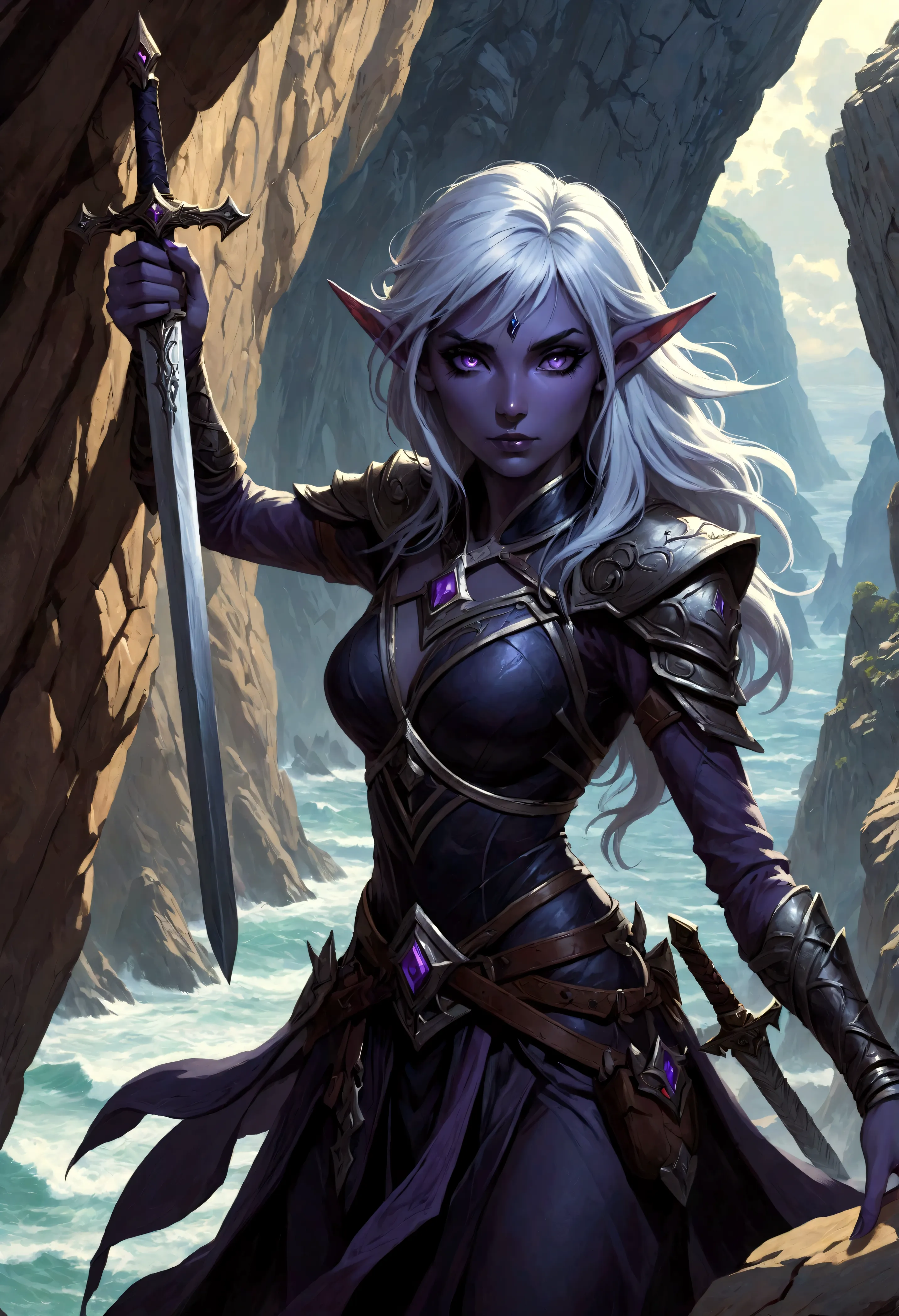 close-up of a woman holding a sword near the rocks,climb岩，climb， noah bradley (noah bradley) inspiring portraits,dark elves，drow...