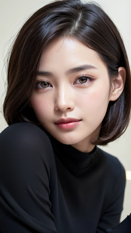 (((Close-up of face)))、(((Absolutely shoulder-length brown straight short bob)))、(((She is posing like a hair salon model, with a black wall indoors as the background.)))、(((Casual black winter long sleeves with shoulders covered)))、Half Japanese, half Korean、18 year old girl、Standing Alone、Looking forward、Light eye makeup、Brown Hair Color、Flat and 、Hair blowing in the wind、Actress Quality、Glossy, ultra-realistic face、Smiling face、Watery eyes、Gazing Up、Subtle lighting effects、 Ultra-Realistic Capture、Very detailed、High resolution 16K close up of human skin。Skin texture must be natural、The details must be such that pores can be clearly seen、The skin is healthy、Uniform tone、Use natural light and colors、A worn-out, high-quality photo taken by a model agency&#39;s in-house photographer.、smile、(((SIGMA 300 mm F/1.4,1/1000 sec shutter,ISO 400))) 