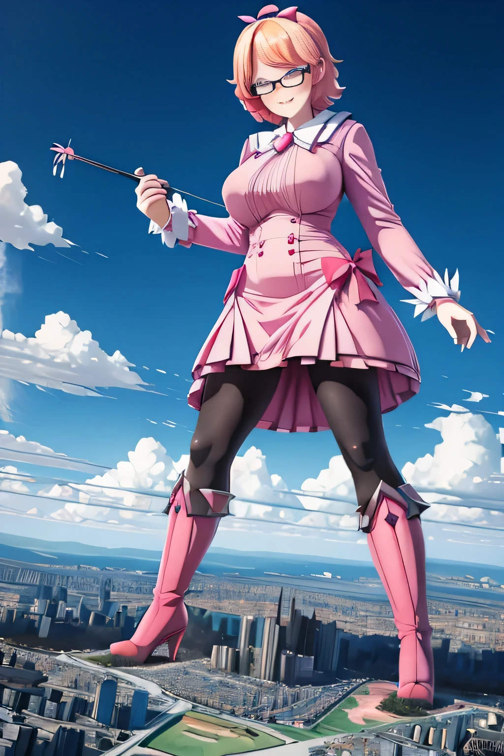 giantess art, highly detailed giantess shots, giantess, Two legs, Five fingers, short hair, A beautiful girl who is bigger than a skyscraper, Wearing rimless glasses, smile, huge breasts, pink dress, bow, magical girl, holding a magical wand, black pantyhose, pink stiletto heels, thunderbolt from a magical wand, Destroying cities, A very small big city, Miniature metropolis, Full body description, GTS, giga giantess, stomping city, crash city, tiny city, micro city, pantyhose feet, High resolution, highest quality, masterpiece, peeing self,