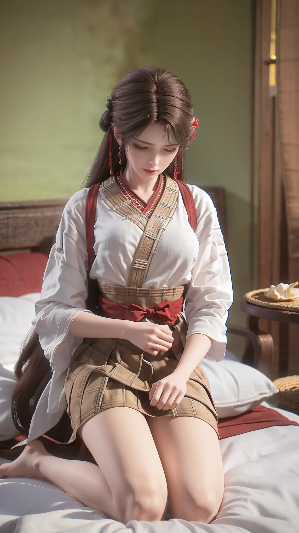 best quality，masterpiece，The Ultimate Solution，Fluffy，Extremely colorful，Mature beautiful woman，（Dress school uniform），（Beautiful woman beheaded），Normal posture，（Kneeling），Kneeling on the bed，shackles，Beheading，collar，White stockings ，Embroidered shoes，Normal posture