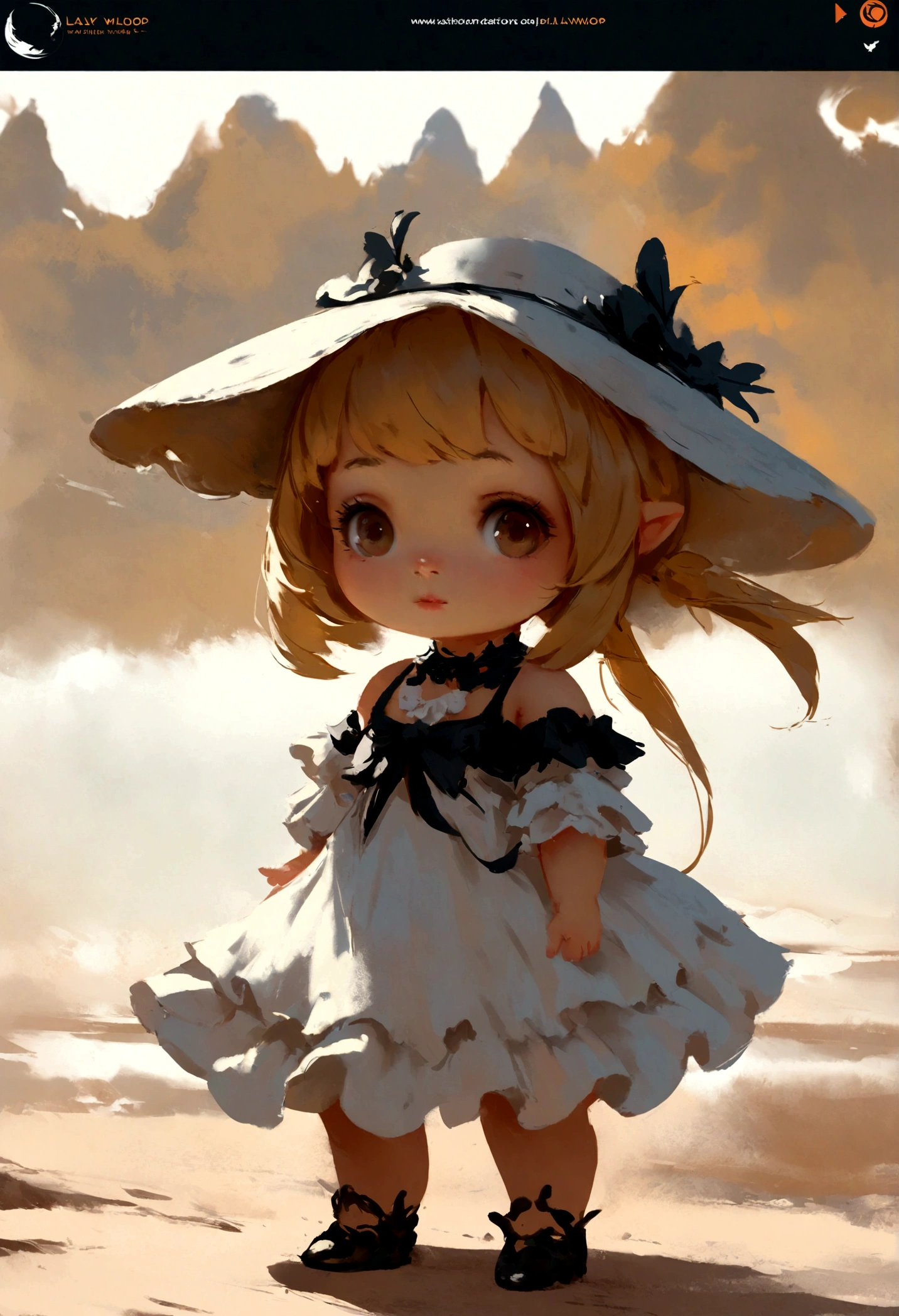 a close up of a cartoon character with a dress and a hat, concept art inspired by WLOP, Artstation, fantasy art, splash art anime loli, small loli girl, lalafell, loli in dress, chibi art, fanart best artstation, , portrait of lolita, chibi girl, artwork in the style of guweiz