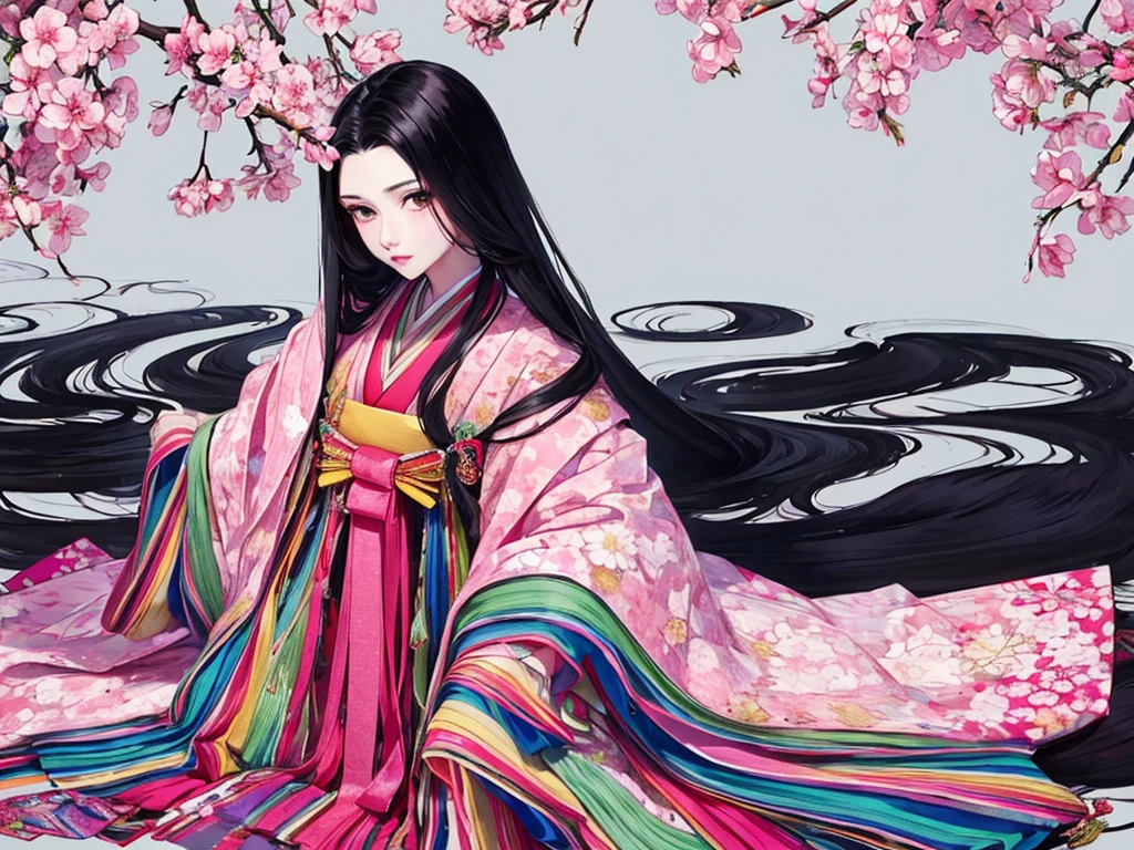 White background，juunihitoe，(masterpiece, highest quality, highest quality，aesthetics:1.2)，From the side，Esbian all over，noble，１Beautiful Princess，Beautiful Skin，(Straight Hair　Long beautiful black hair　wealthy)，Beautiful round eyes，(kimono　Gentle pink hue　The beauty of layered colors)，Silk luster，Layered collar，Wide sleeves，Long hakama hem